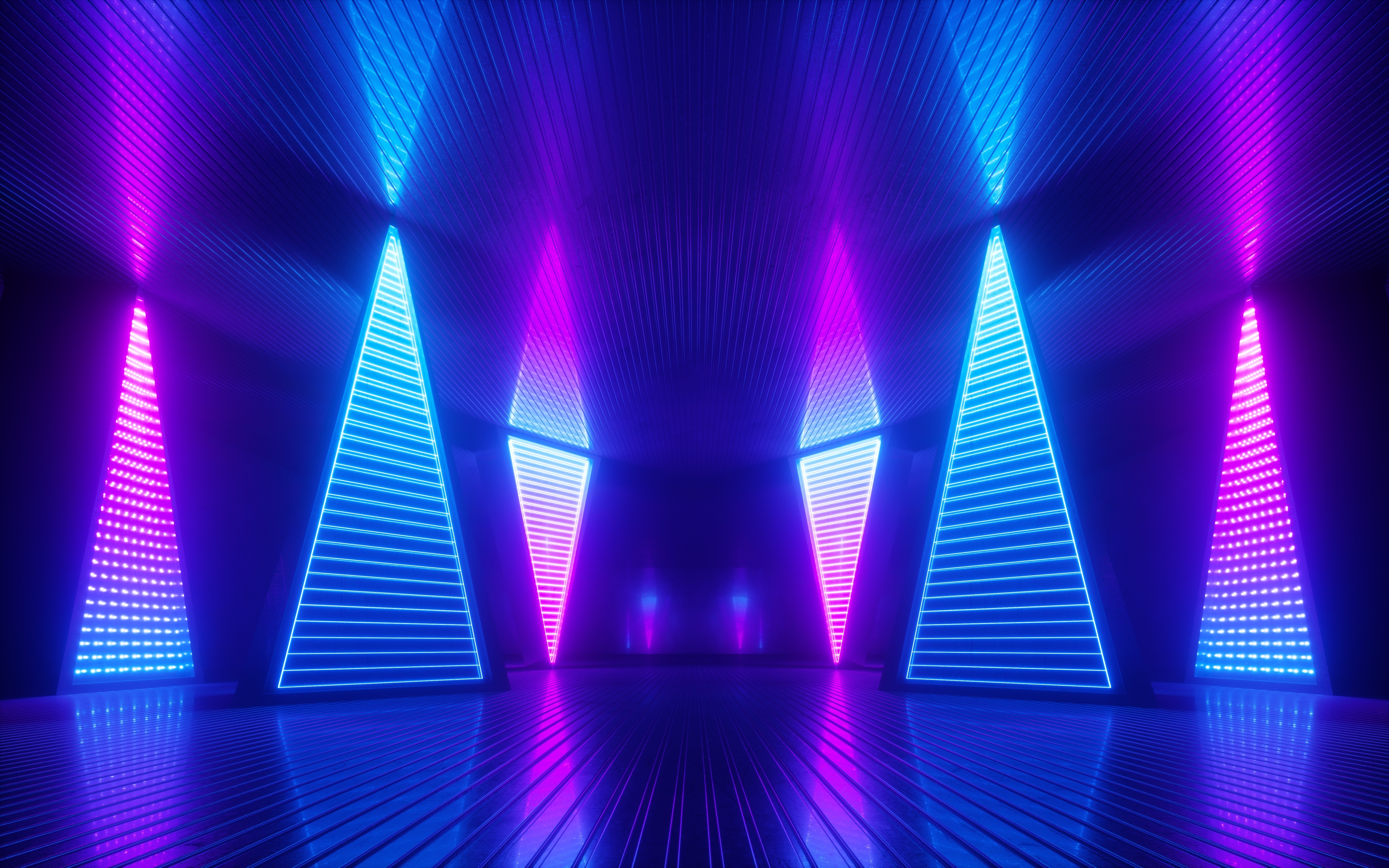 General 6000x3750 neon glowing lights colorful triangle abstract 3D Abstract reflection room lines blue futuristic pink electronic mist digital art