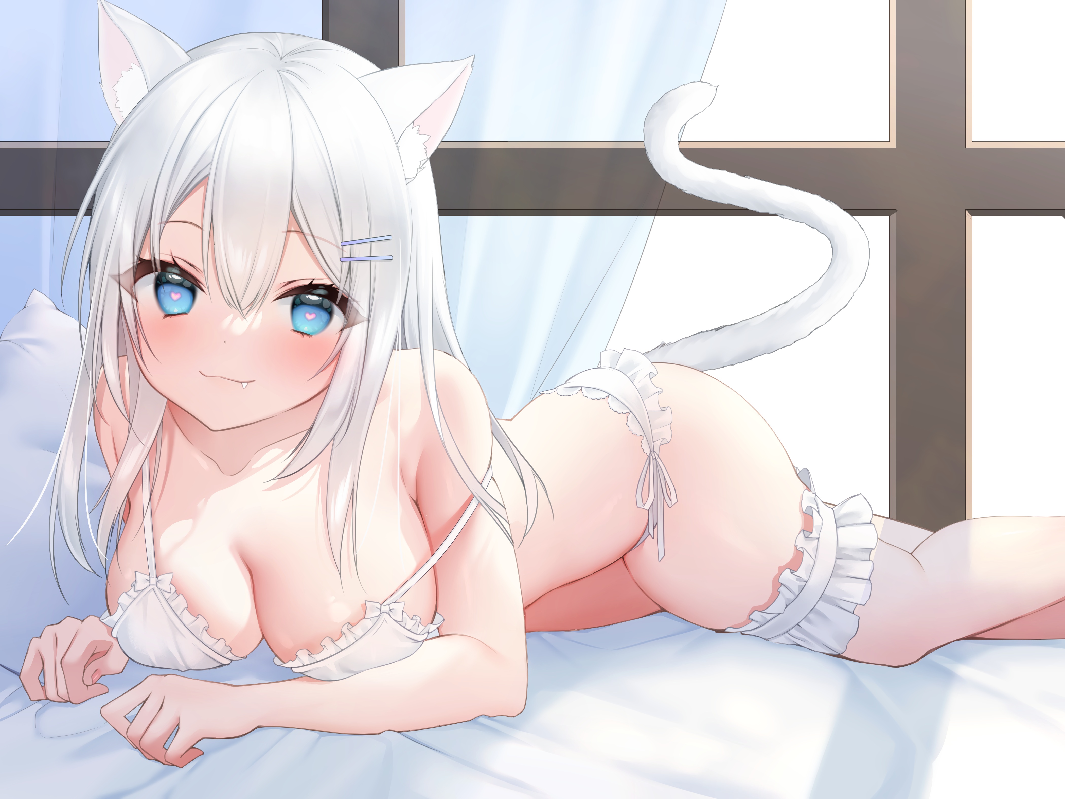 Anime 4200x3150 anime anime girls Owl (artist) artwork cat girl white hair blue eyes in bed underwear cleavage big boobs