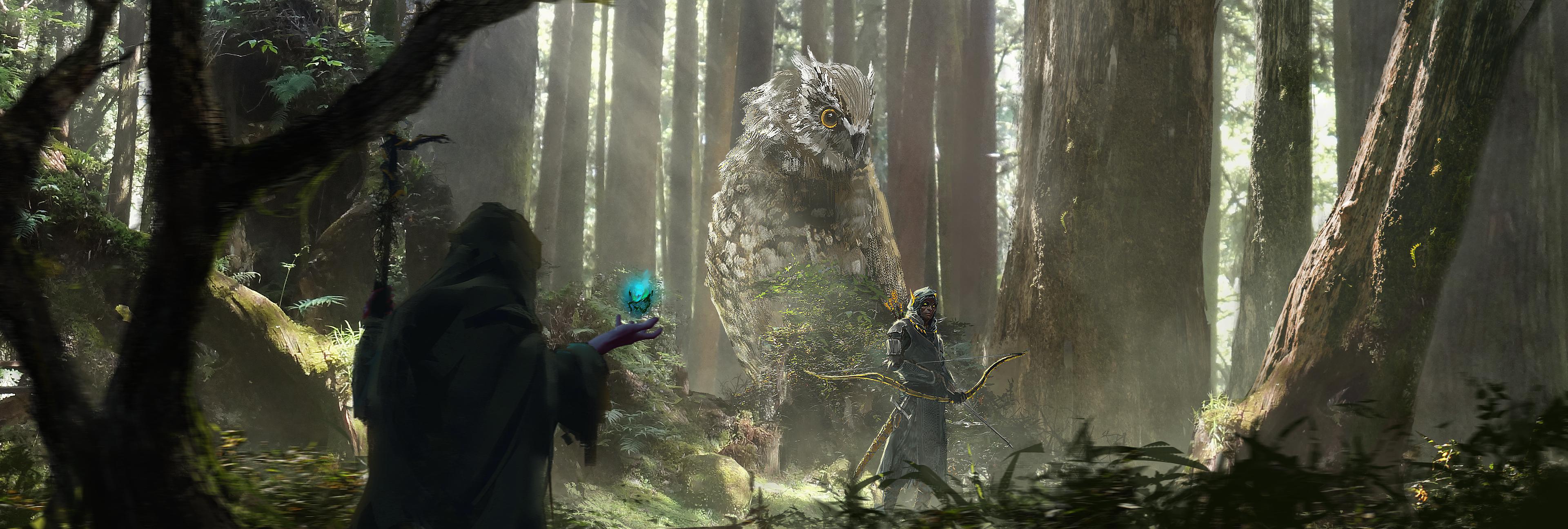 General 3840x1295 GGAC SHANGHAI owl forest fantasy art wizard archer digital art
