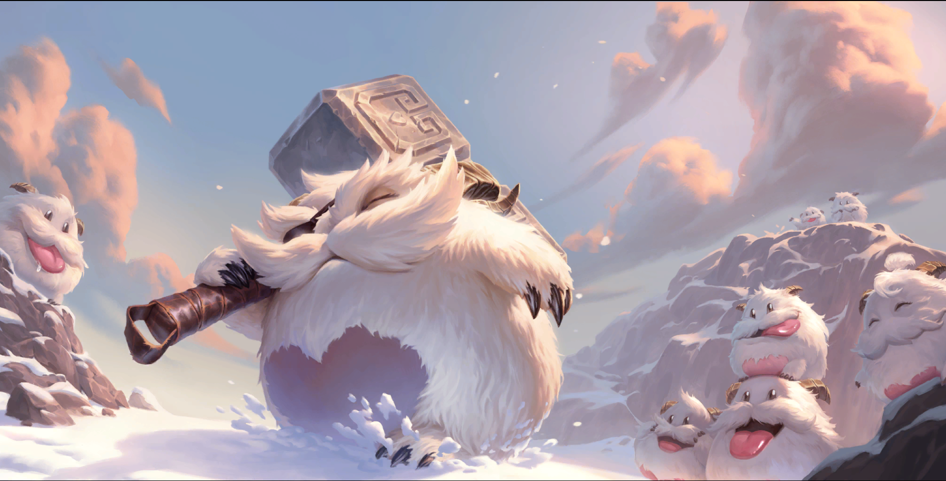 General 1920x977 Legends of Runeterra League of Legends: Wild Rift Riot Games video games video game characters sky sunlight snow claws video game art tongue out clouds League of Legends hammer eyepatches fur Video Game Creatures smiling closed eyes