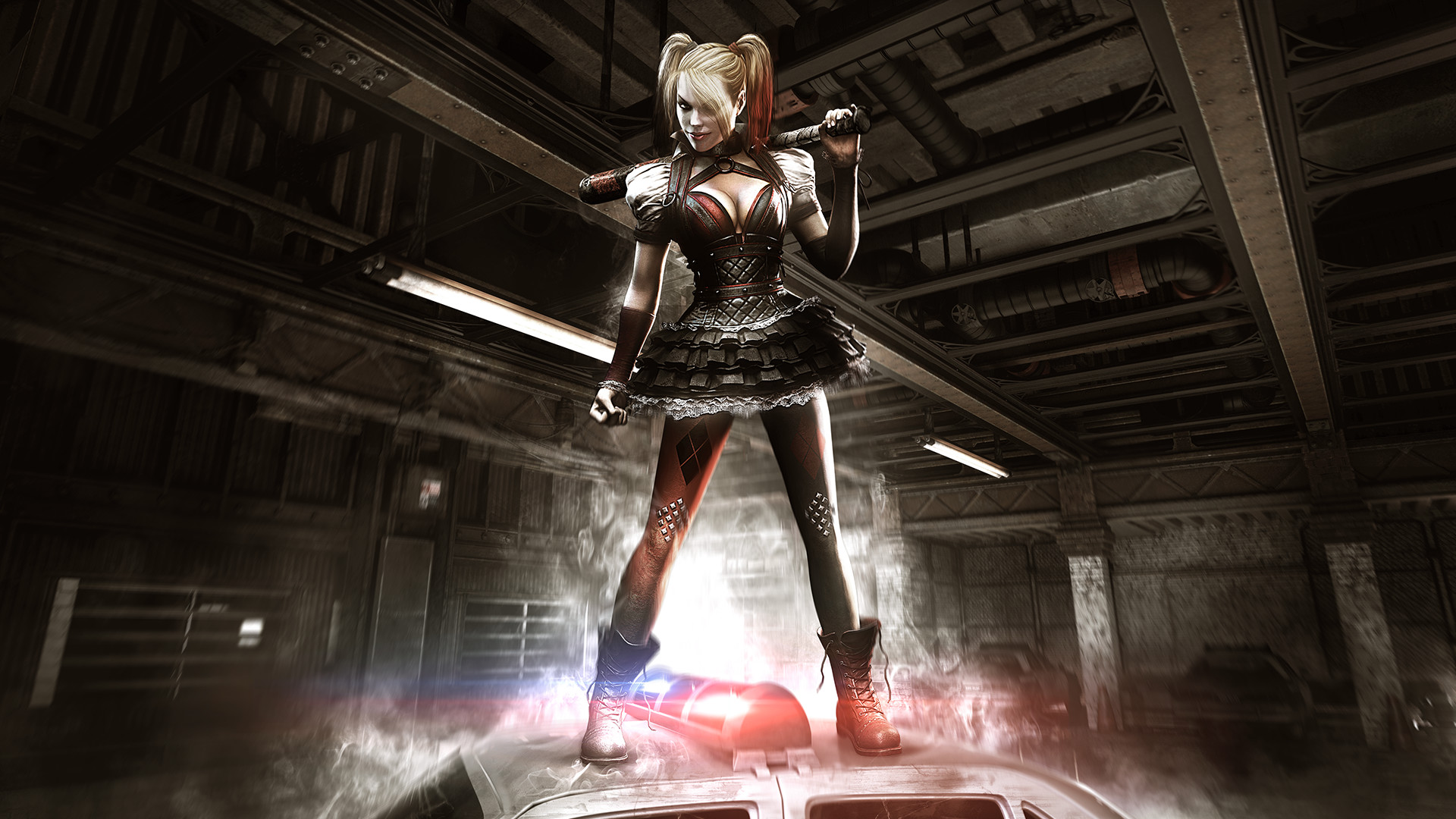 General 1920x1080 Harley Quinn Batman: Arkham Knight Batman video games women Rocksteady Studios DC Comics baseball bat looking at viewer standing video game girls twintails smiling closed mouth police cars boots
