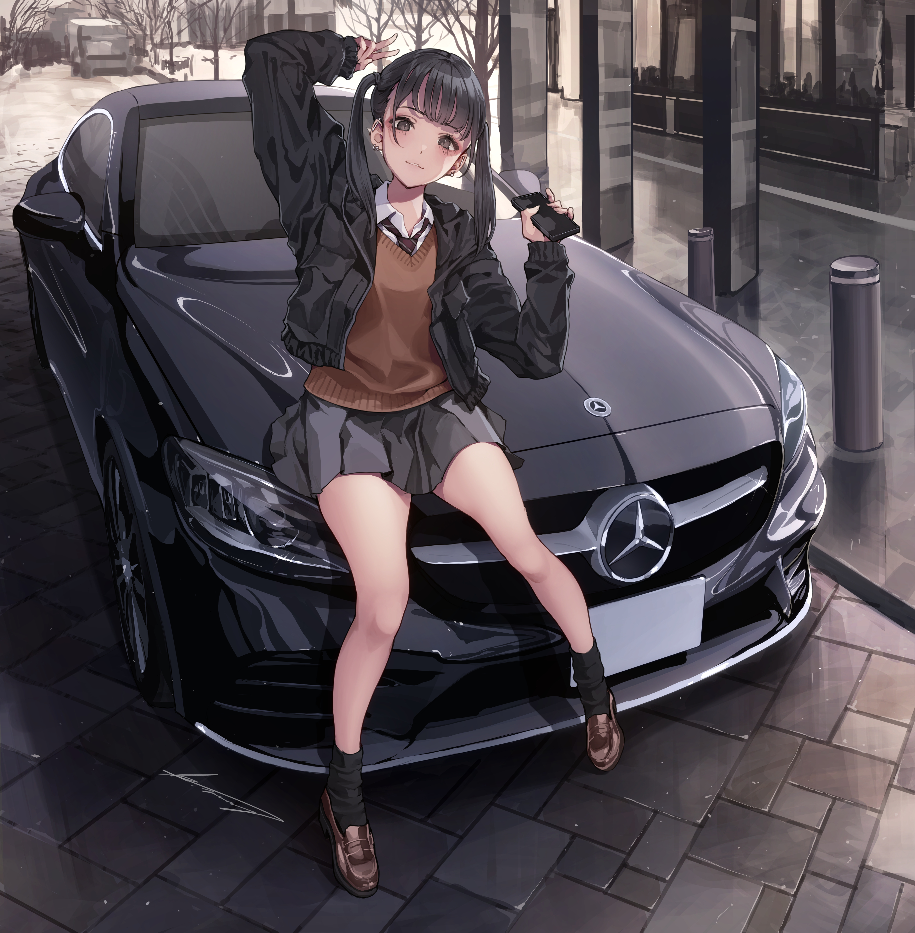 Anime 3826x3904 anime girls Mercedes-Benz school uniform car artwork koh