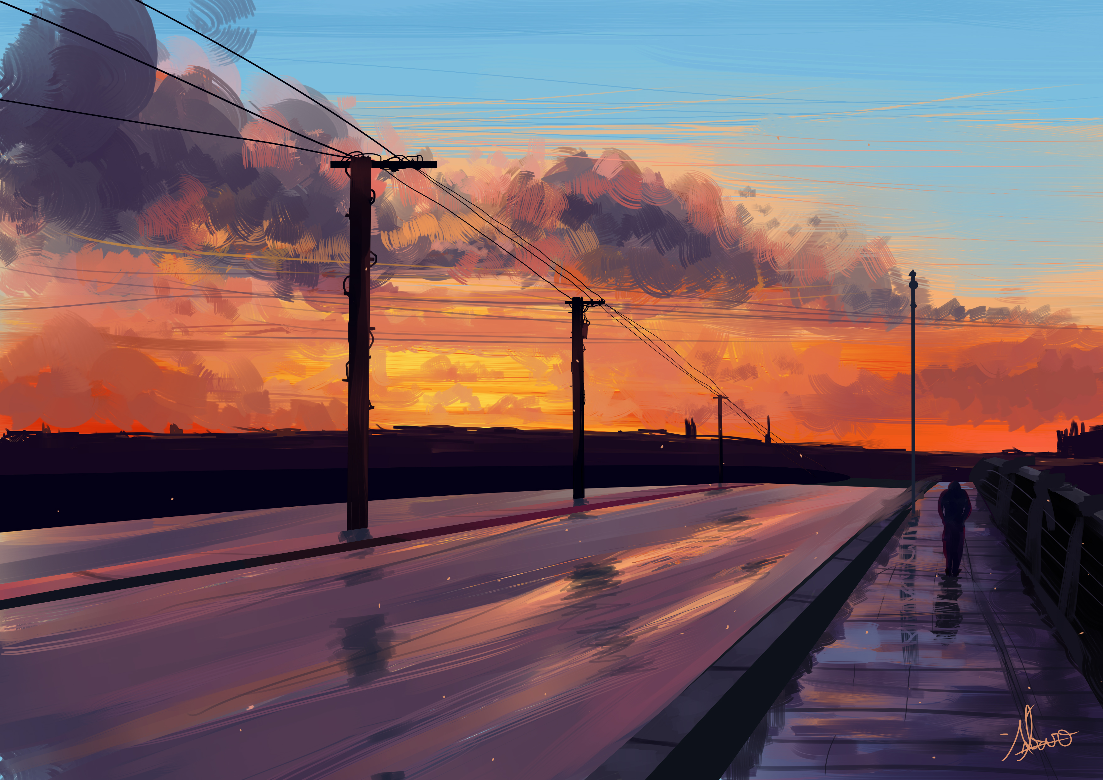 General 3508x2480 digital painting sunset sky clouds landscape power lines alvaroserpa