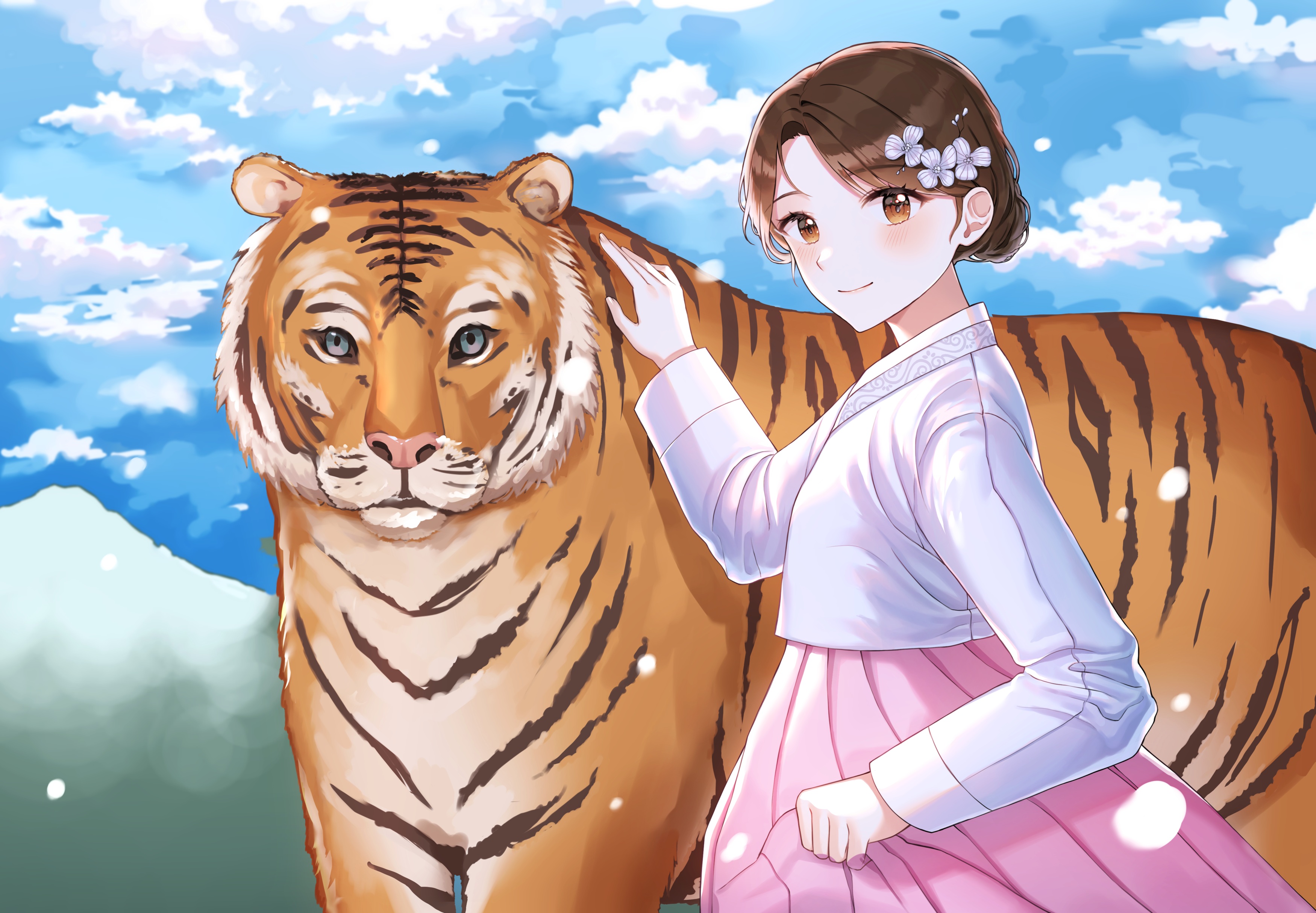 Anime 3500x2429 anime anime girls tiger animals mammals big cats smiling brunette flower in hair Monjja
