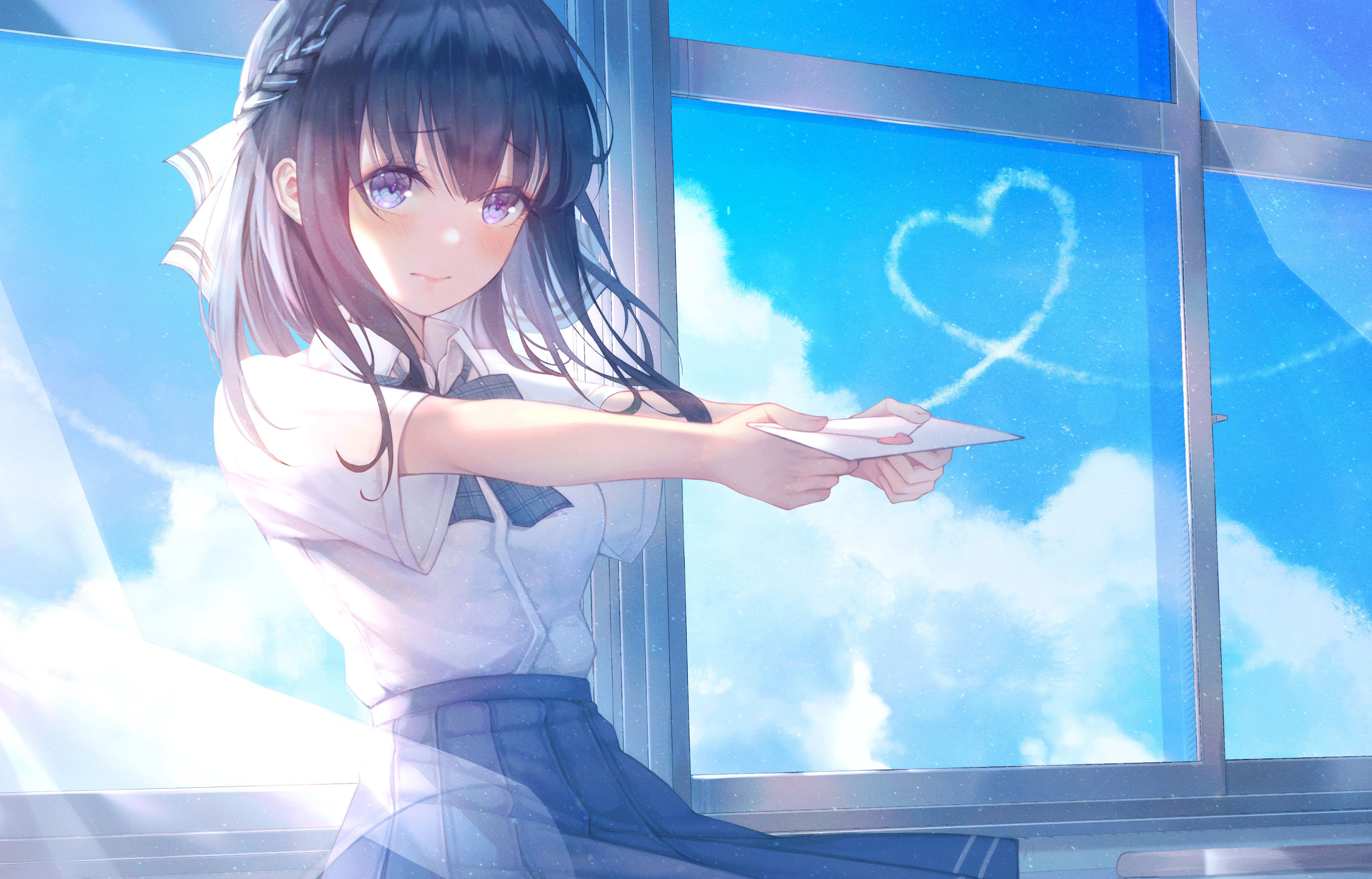 Anime 3900x2500 anime anime girls Immi Immi artwork cropped window letter school uniform blushing blue eyes dark hair