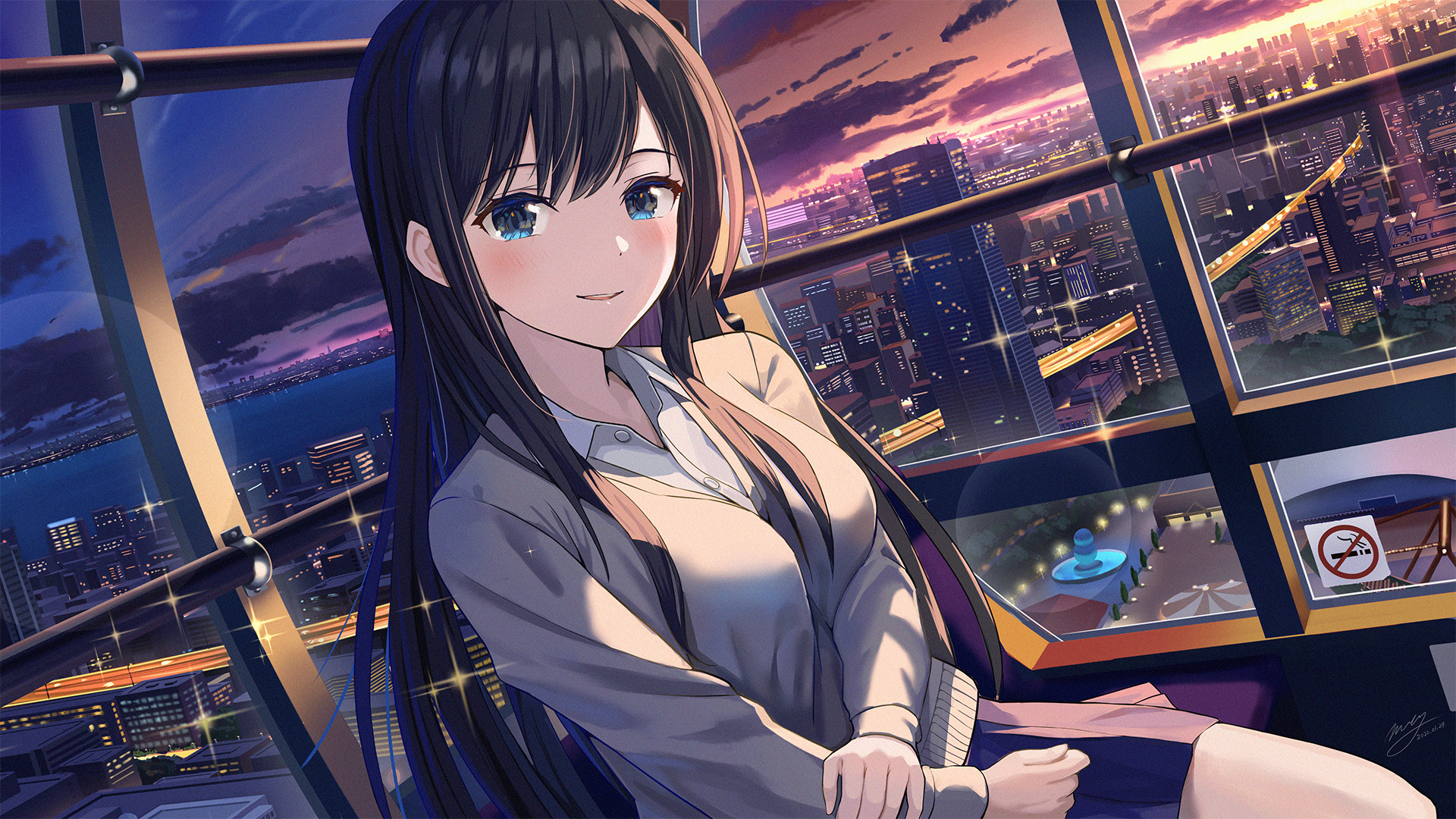Anime 1920x1080 anime anime girls M.A.Y. artwork black hair long hair blue eyes blushing cityscape sunset