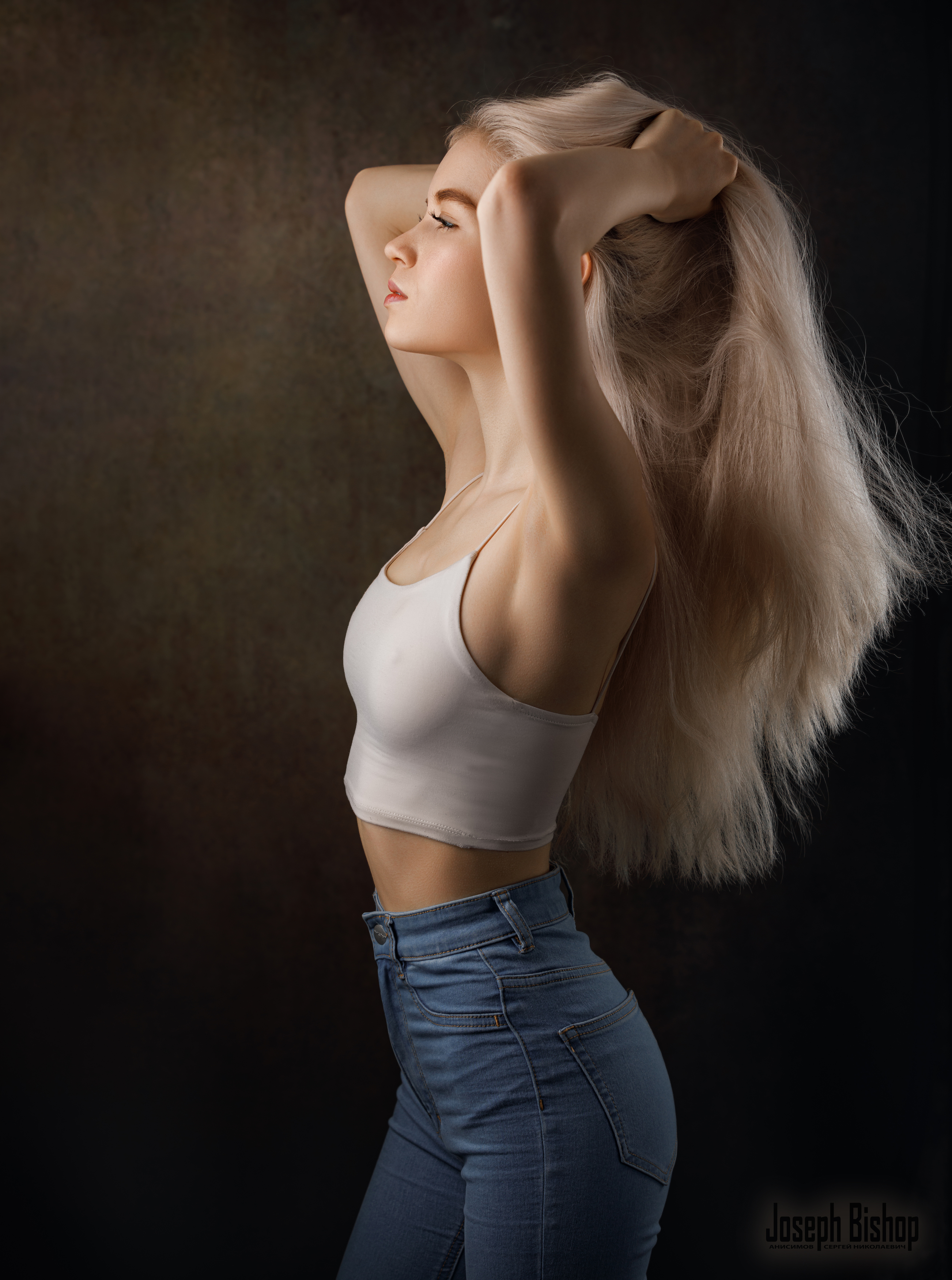 People 2604x3500 Sergey Anisimov women blonde holding hair long hair profile tank top jeans high waisted simple background no bra