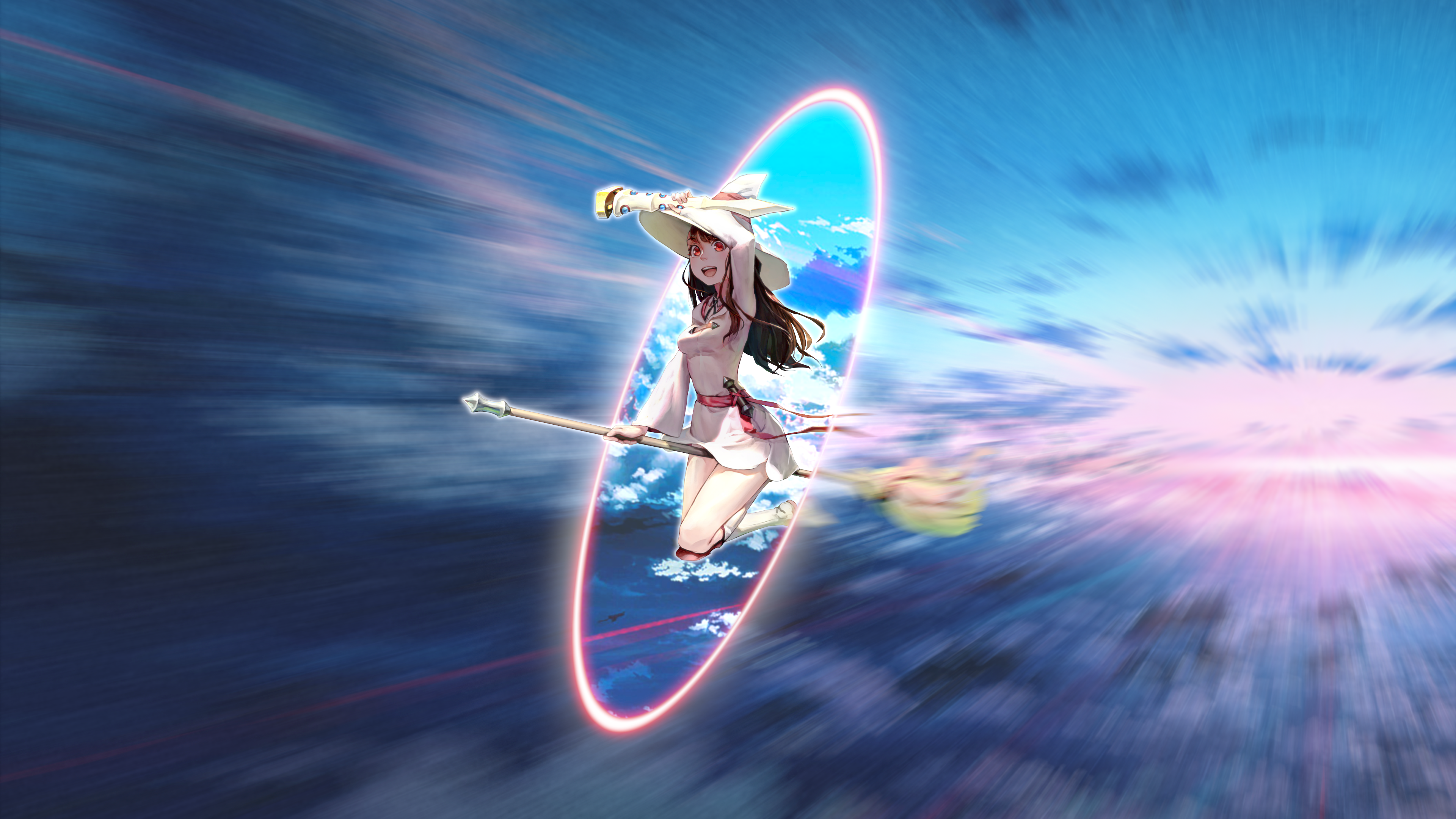 Anime 3840x2160 Little Witch Academia white dress Kagari Atsuko red eyes witch's broom broom skirt witch hat flying Luna Nova uniform anime wands long hair picture-in-picture