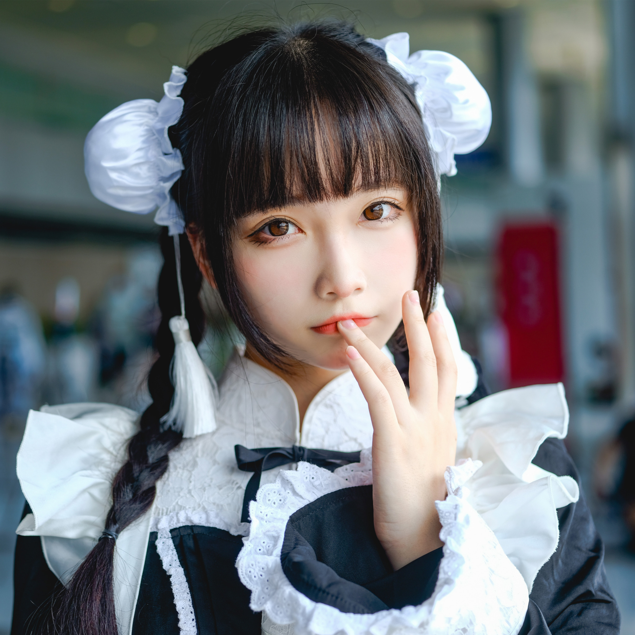 People 2048x2048 Asian maid outfit brunette cosplay closeup women looking at viewer maid