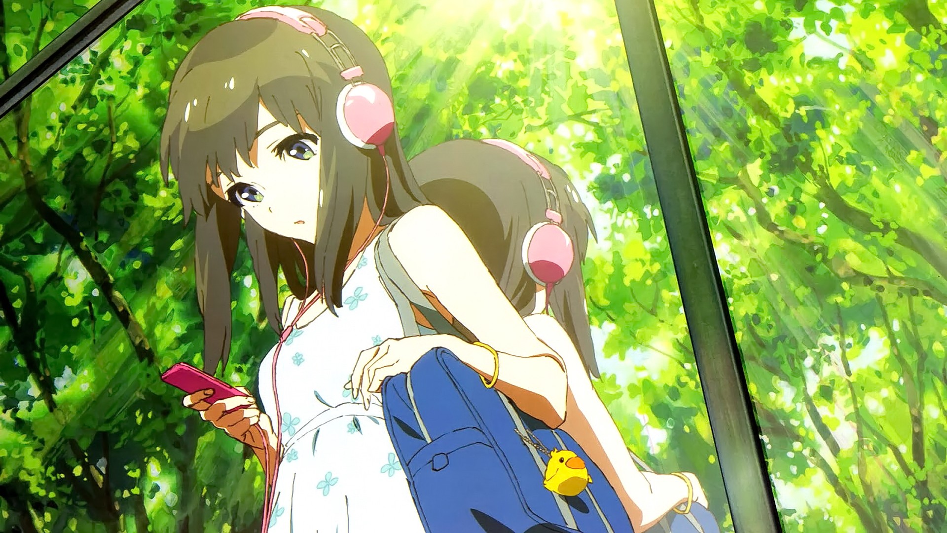 Anime 1920x1080 anime anime girls original characters artwork Chikaoka Sunao cropped headphones dark hair reflection dress