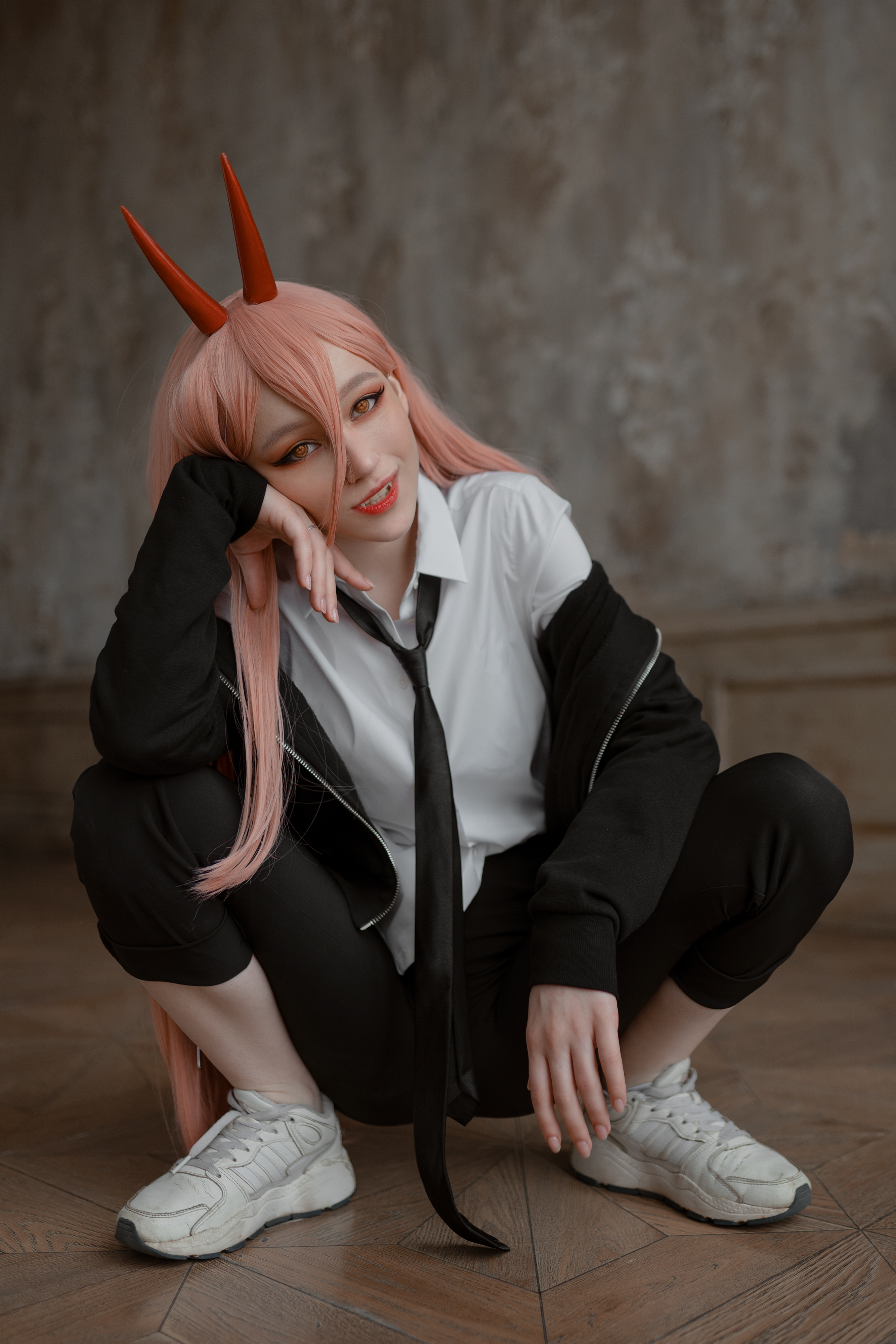 People 2667x4000 Donna Loli women model cosplay Power (Chainsaw Man) Chainsaw Man anime looking at viewer sweatshirts shirt tie pants sneakers squatting indoors women indoors