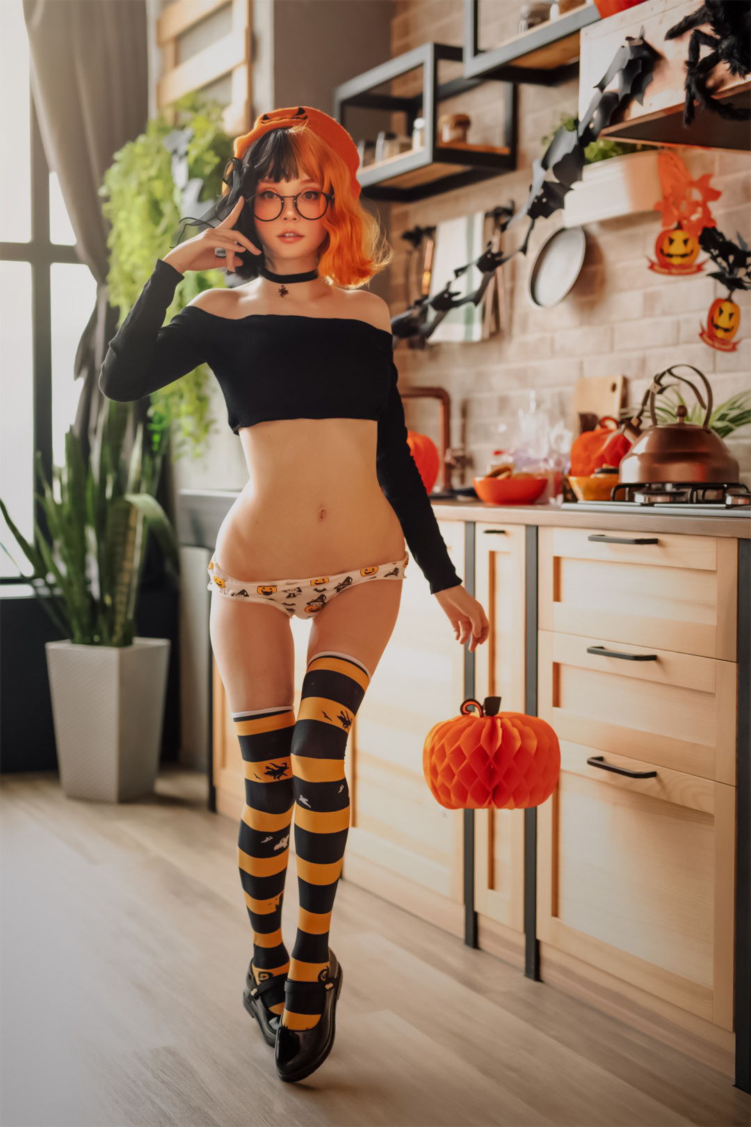 People 1080x1620 Alisa Bishop women dyed hair orange black clothing stripes kitchen plants Halloween bare shoulders the gap