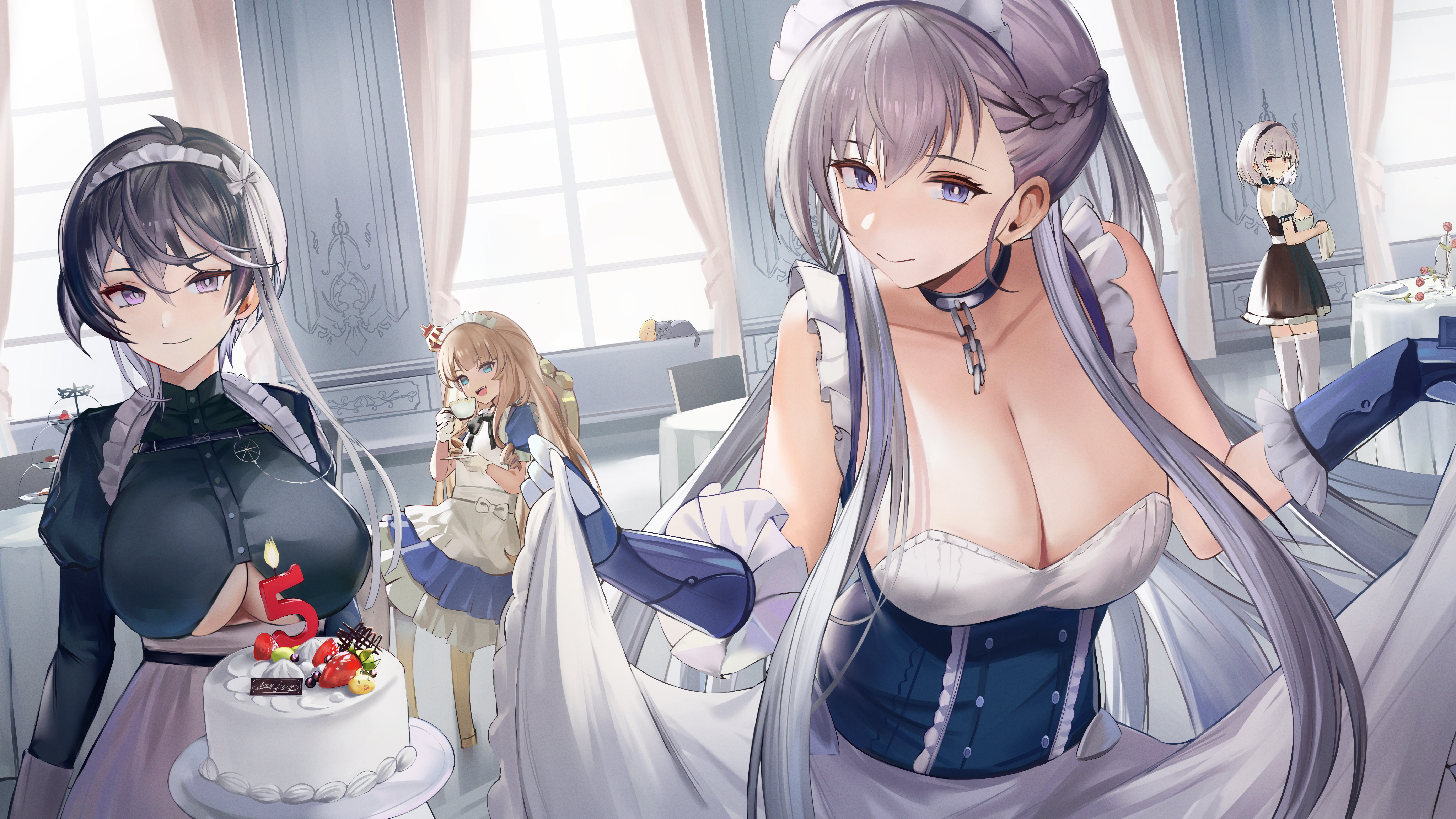 Anime 7009x3942 anime anime girls big boobs cleavage lifting skirt maid maid outfit cake Azur Lane Belfast (Azur Lane)