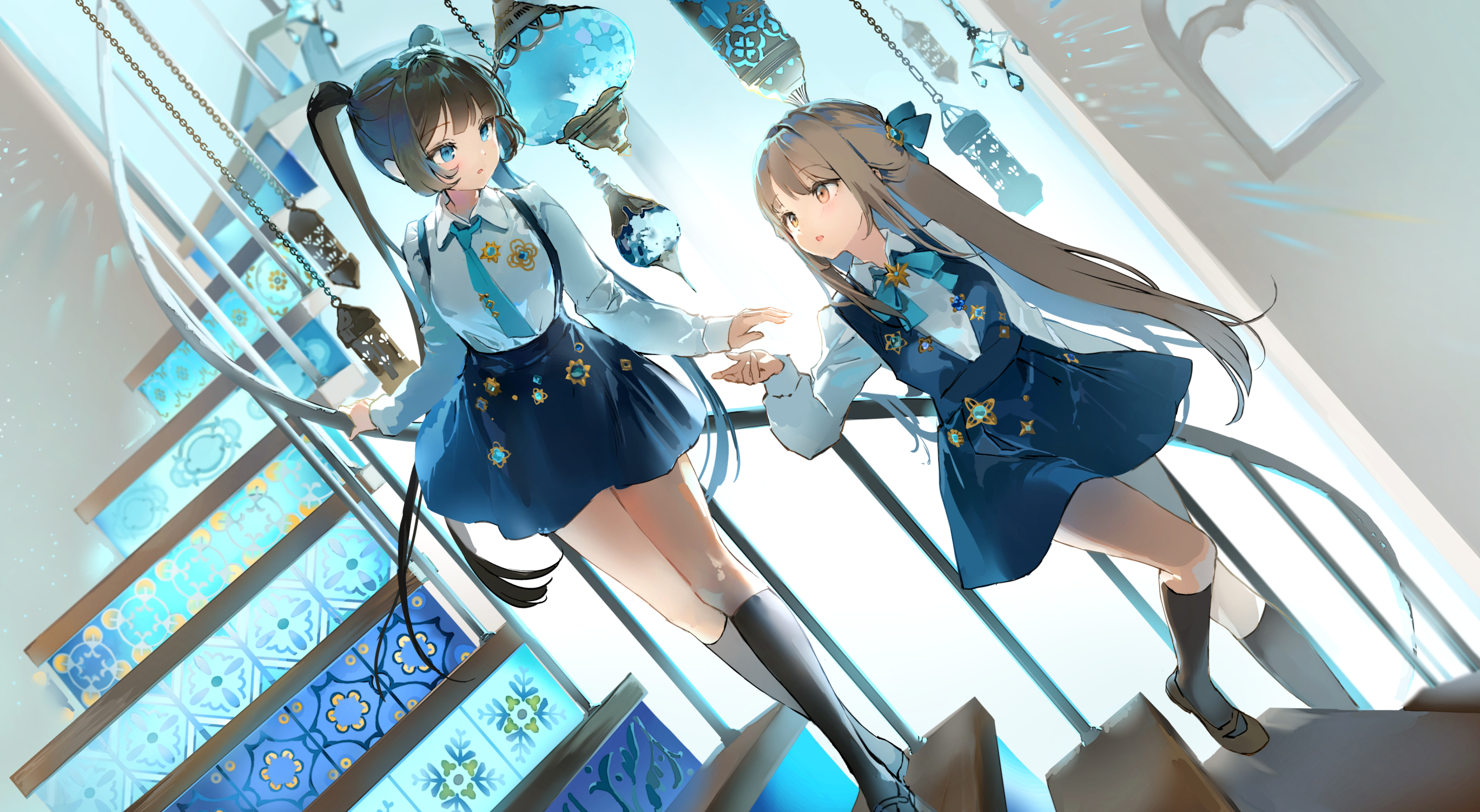 Anime 2736x1502 anime anime girls schoolgirl school uniform stairs