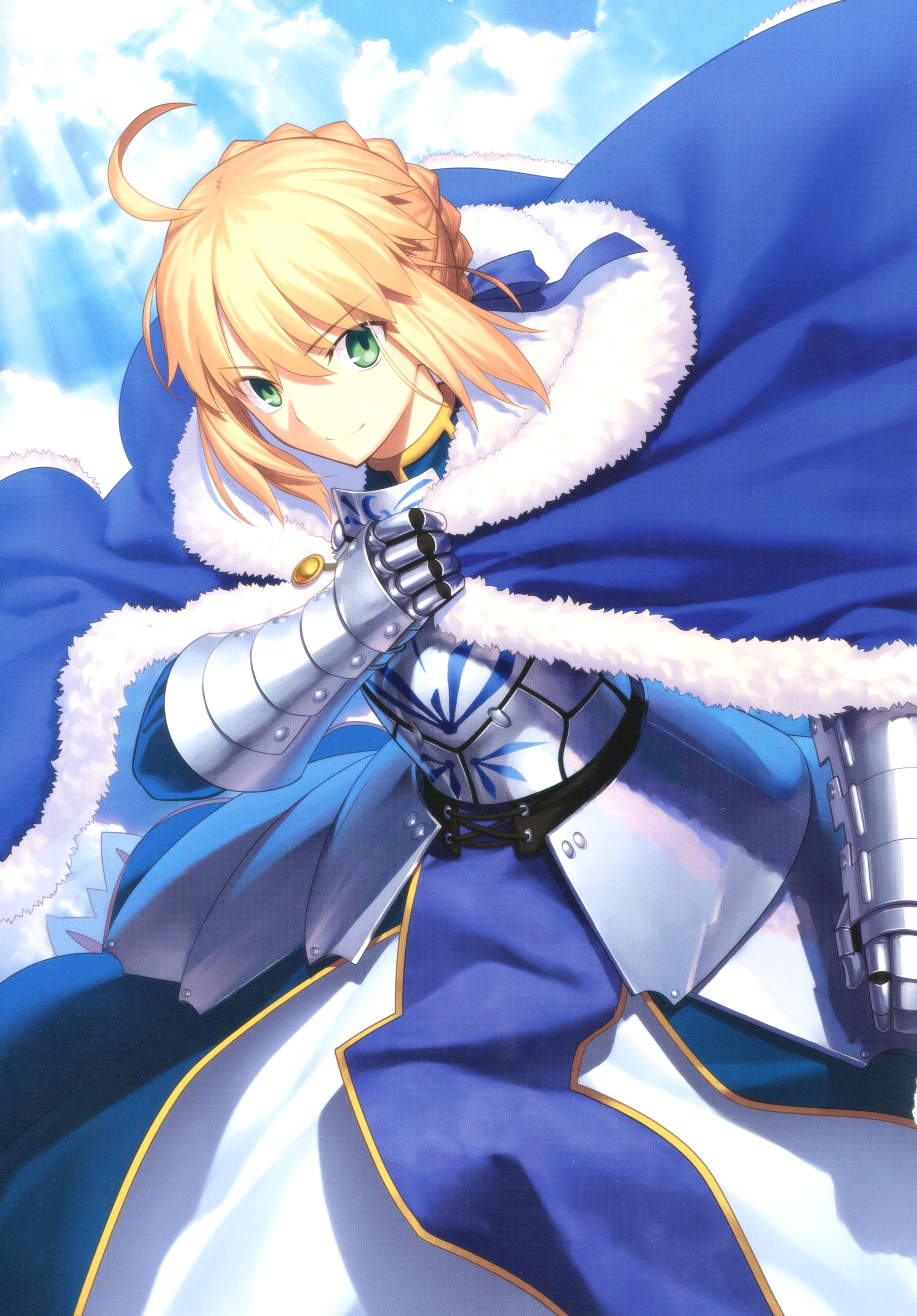 Anime 2414x3464 Artoria Pendragon green eyes blonde gauntlets cape fur cape Fate/Stay Night Fate/Stay Night: Unlimited Blade Works anime girls armor pale detailed details high detail Caucasian