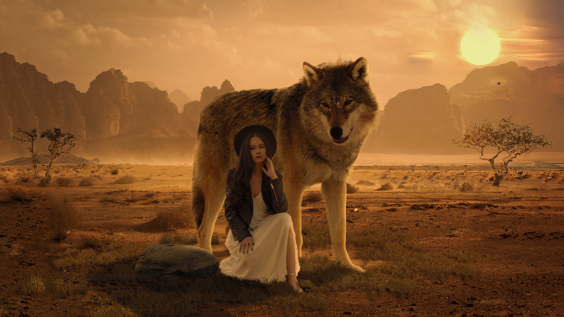 General 1920x1080 wolf photoshopped women desert fantasy girl animals sunset