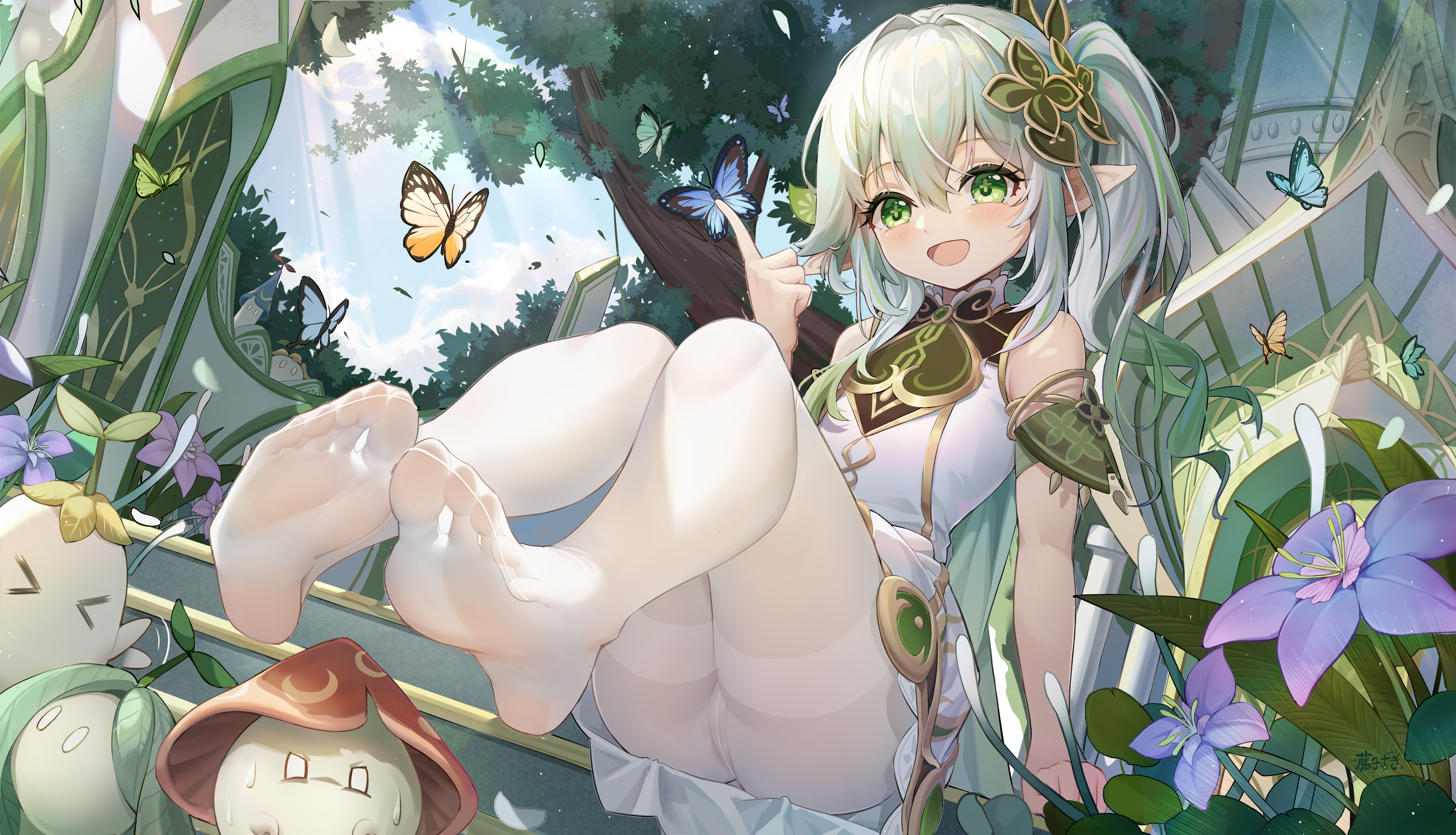 Anime 8000x4588 pantyhose feet anime girls loli Nahida (Genshin Impact) Genshin Impact ponytail pointy ears smiling open mouth butterfly gradient hair two tone hair looking at viewer sitting hair between eyes insect sunlight clouds sky flowers leaves toes bare shoulders long hair fujiko sugi