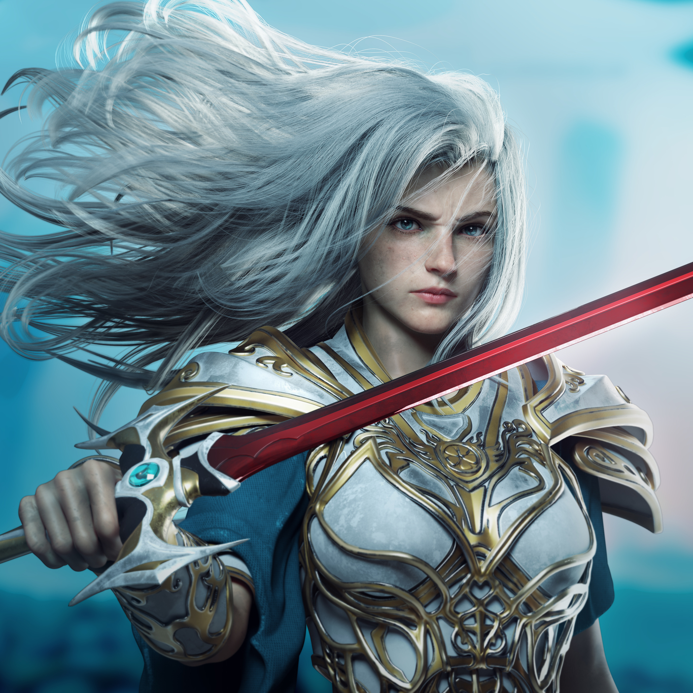 General 1366x1366 CGI digital art fantasy girl sword white hair looking at viewer