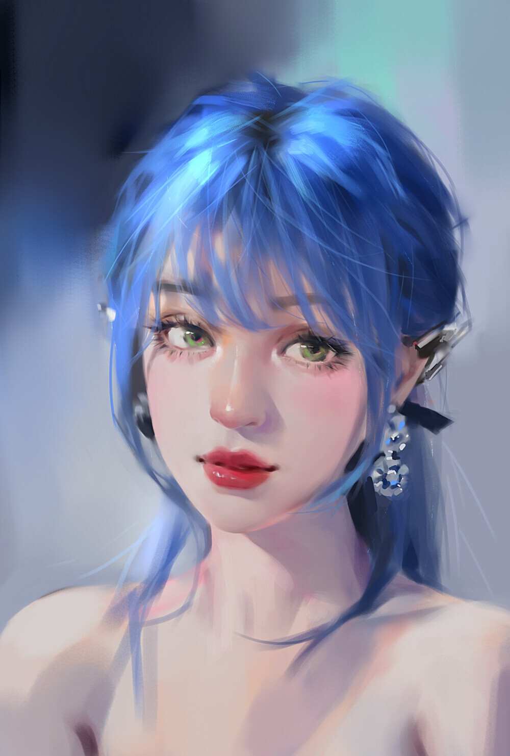 General 1000x1481 artwork blue hair women face fantasy girl green eyes