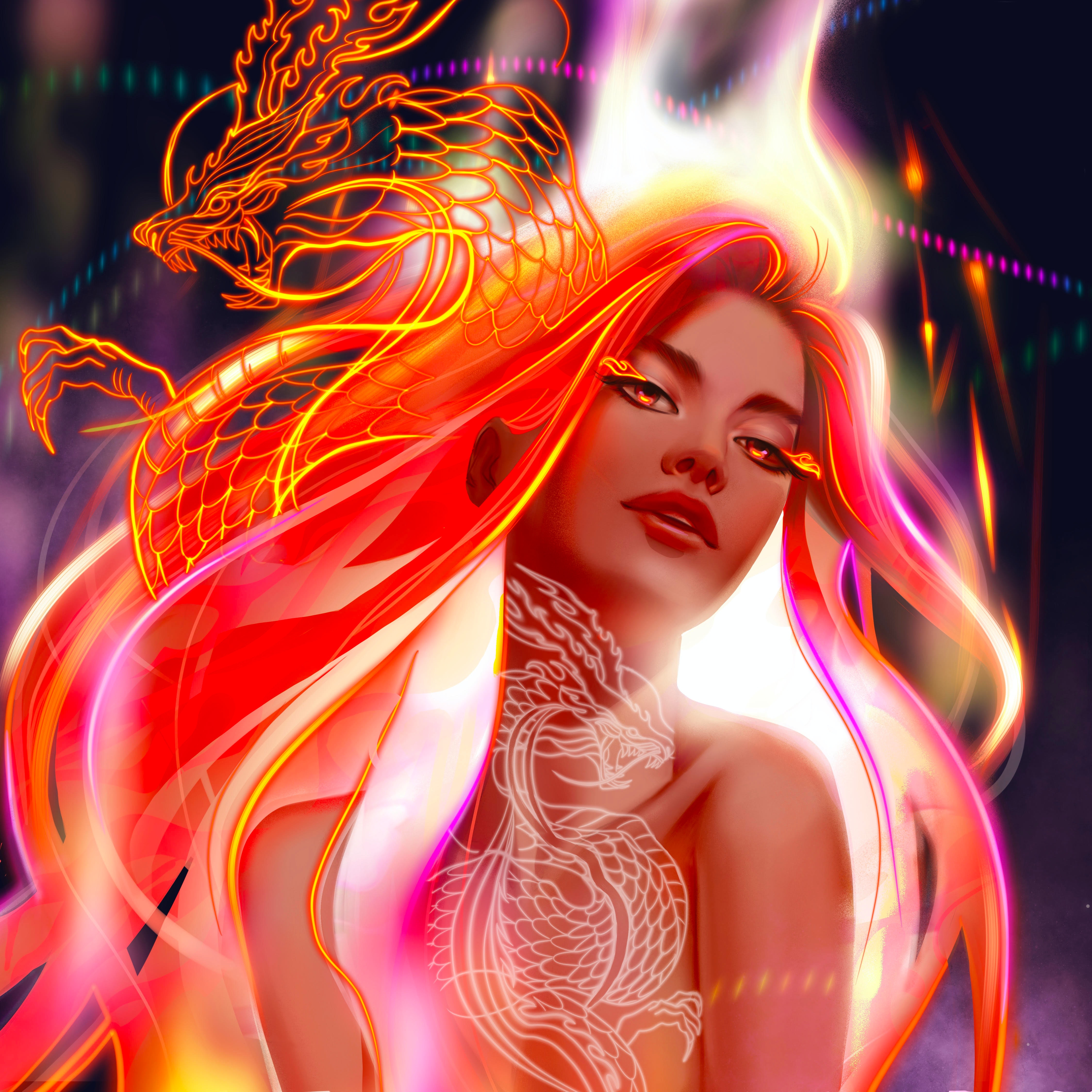 General 4500x4500 digital art artwork CGI women looking at viewer fantasy art fantasy girl redhead dragon long hair Chinese dragon