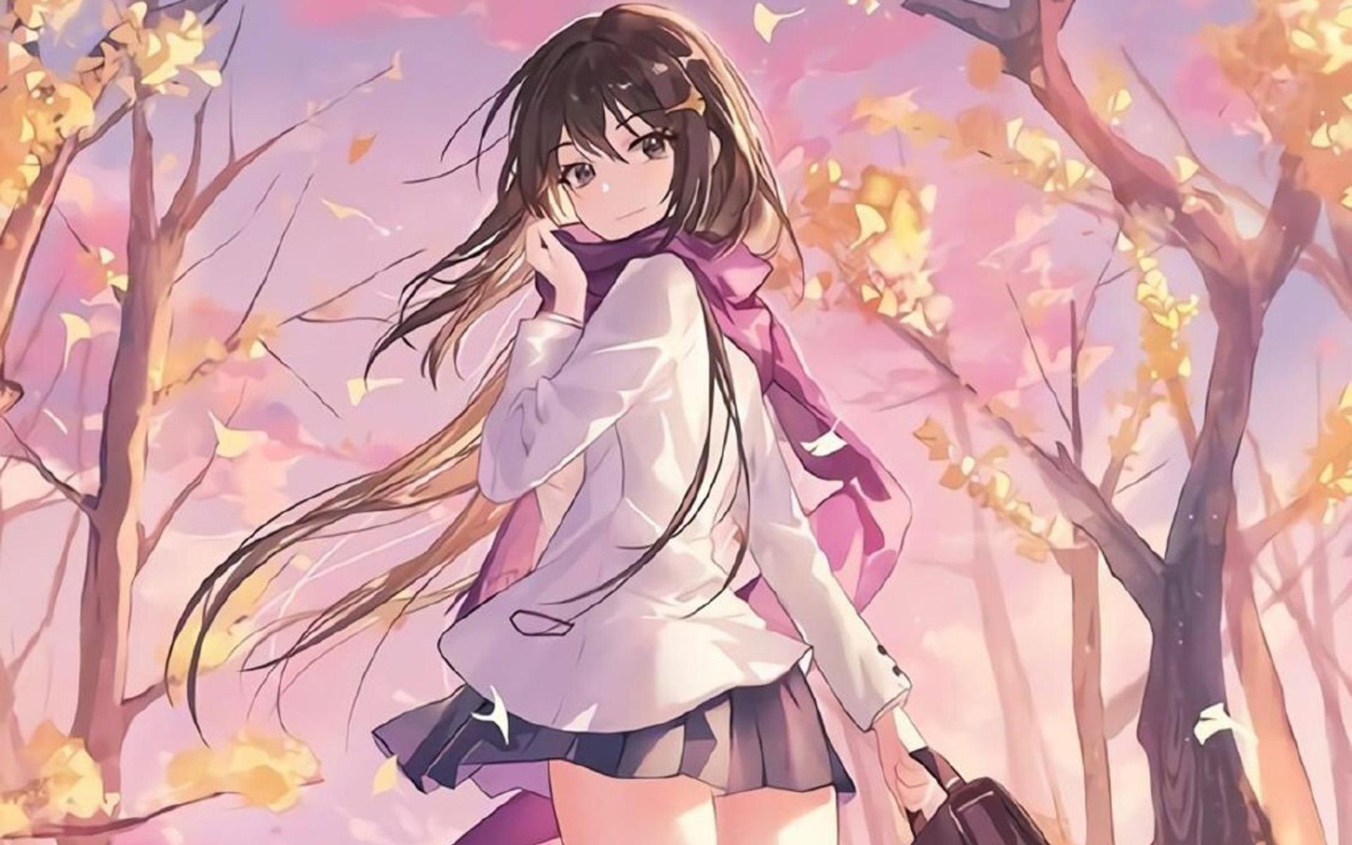 Anime 1920x1200 anime girls JK skirt white shirt long hair pink trees smiling schoolgirl school uniform