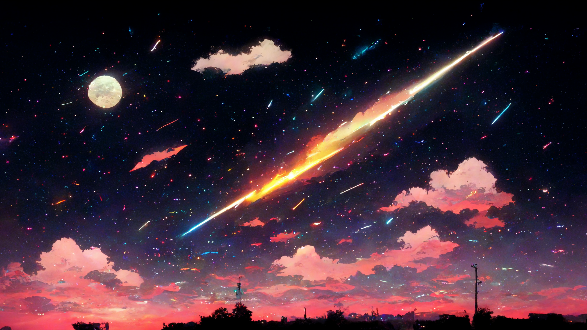Anime 2048x1152 AI art stars Moon clouds night