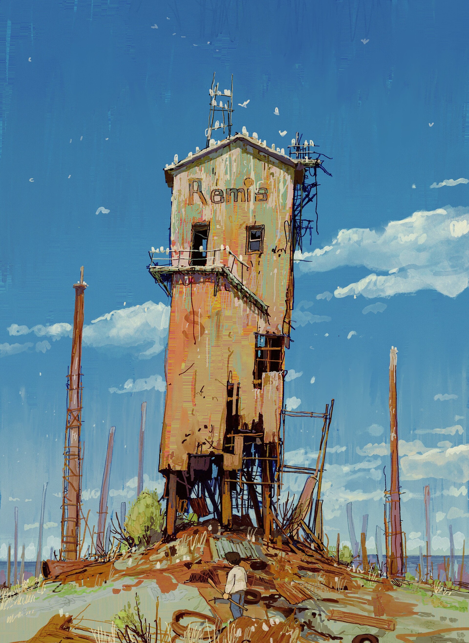 General 1920x2632 artwork tower Alariko ruins abandoned sky building outdoors birds