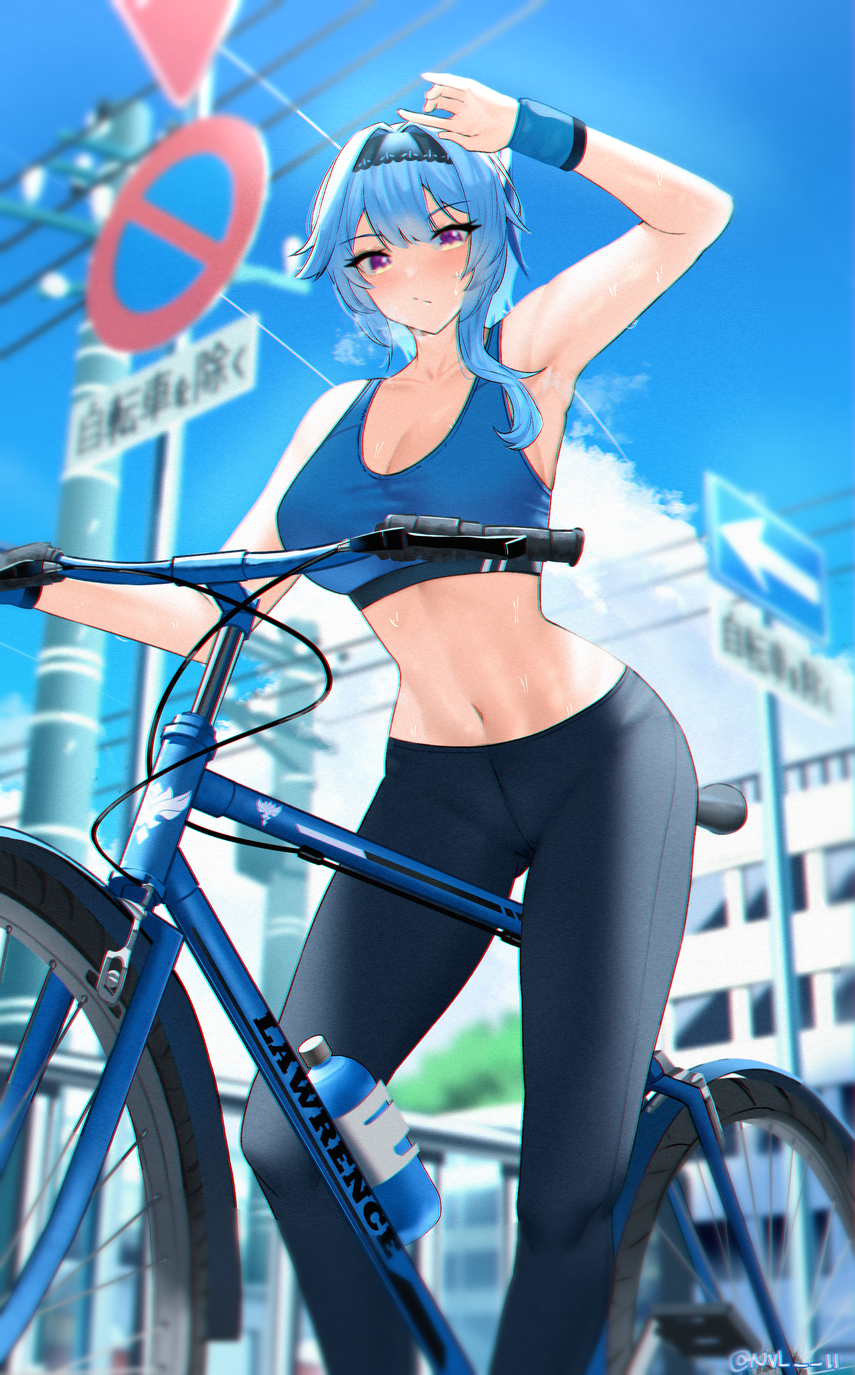Anime 1745x2805 anime anime girls bicycle sportswear blue hair sports bra Eula (Genshin Impact) Genshin Impact Nvl