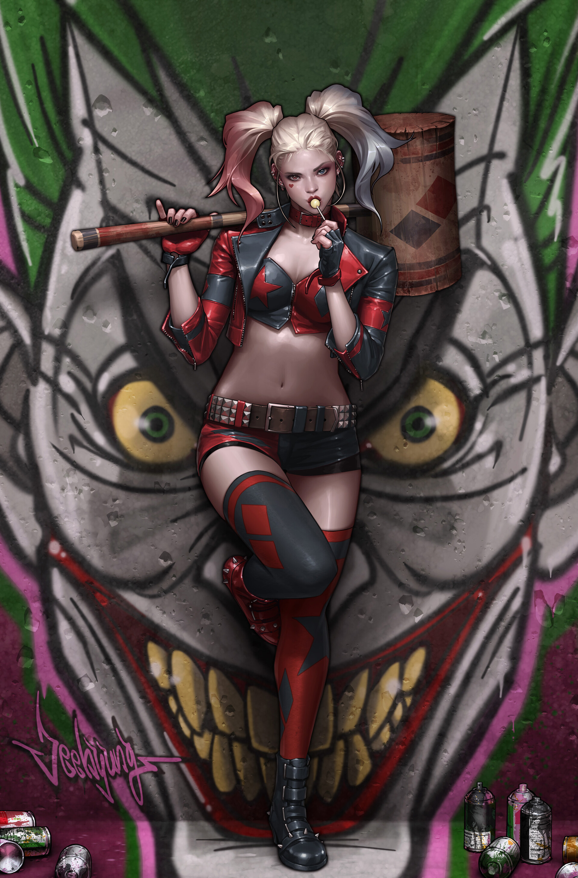 General 1920x2915 JeeHyung lee drawing ArtStation Harley Quinn lollipop skimpy clothes
