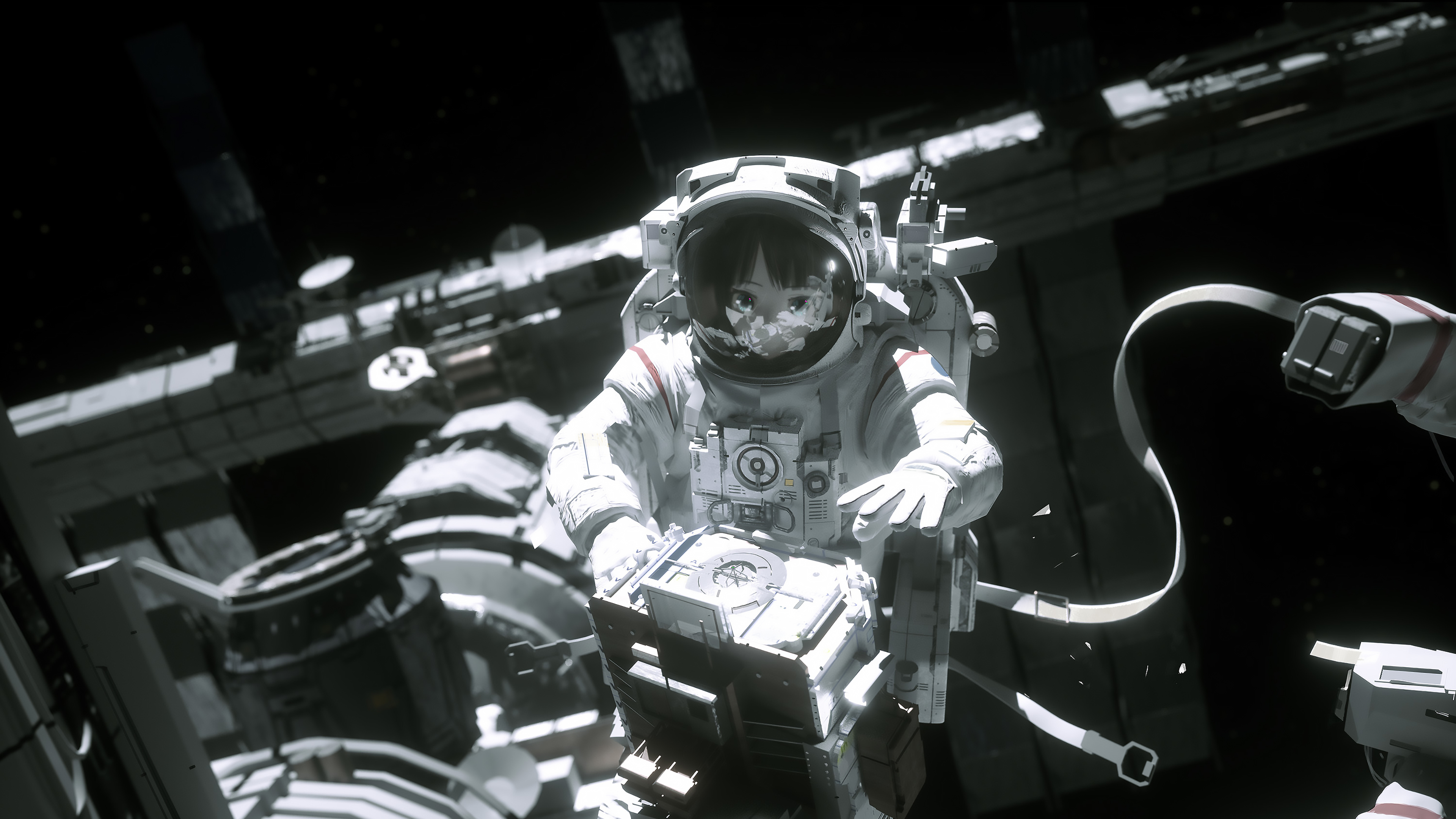 astronaut, novelance, universe, spacesuit, space station, anime girls |  3840x2160 Wallpaper 