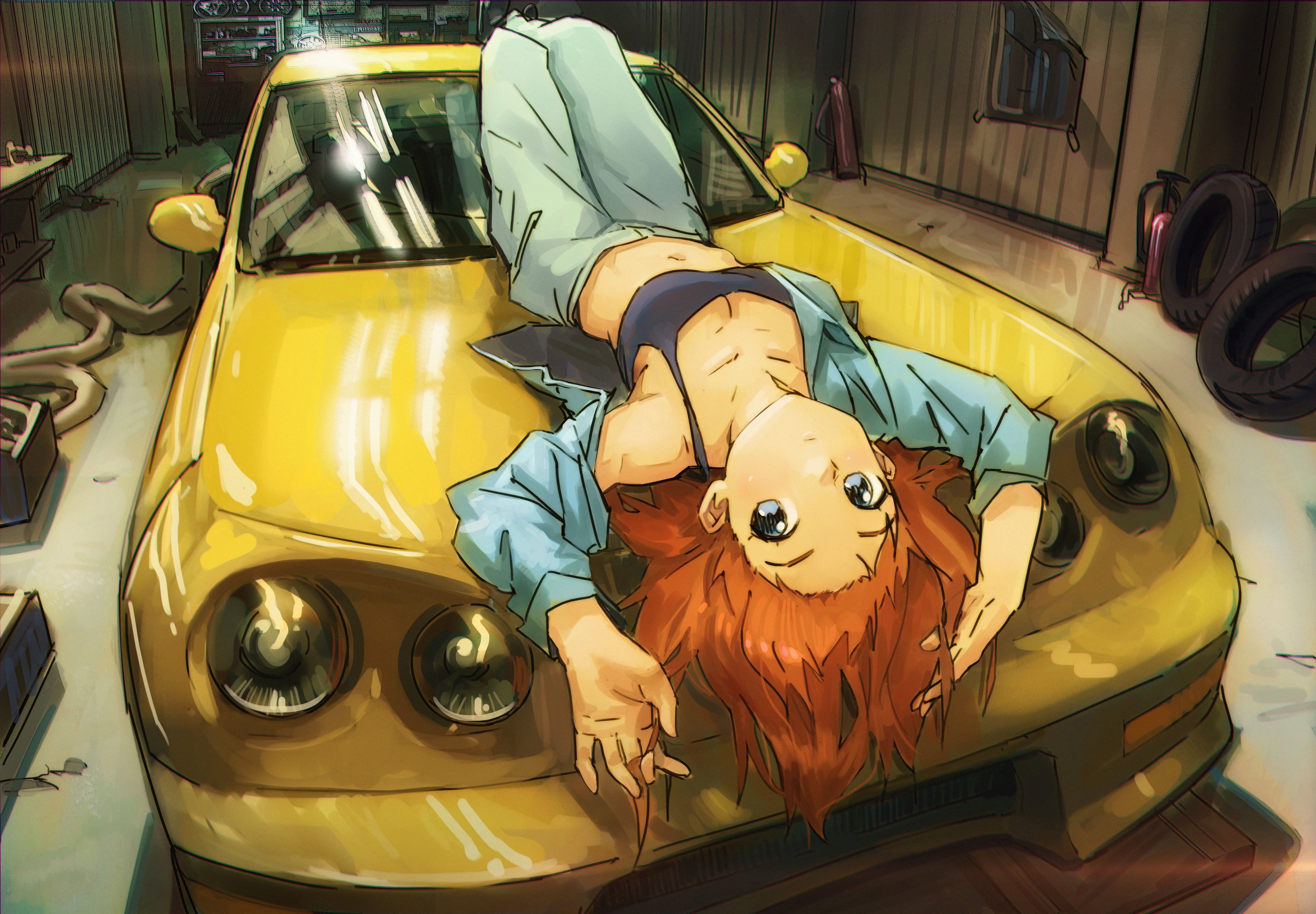 Anime 4096x2845 anime girls car original characters yellow cars Honda Integra acura Honda garage lying on back open shirt bra