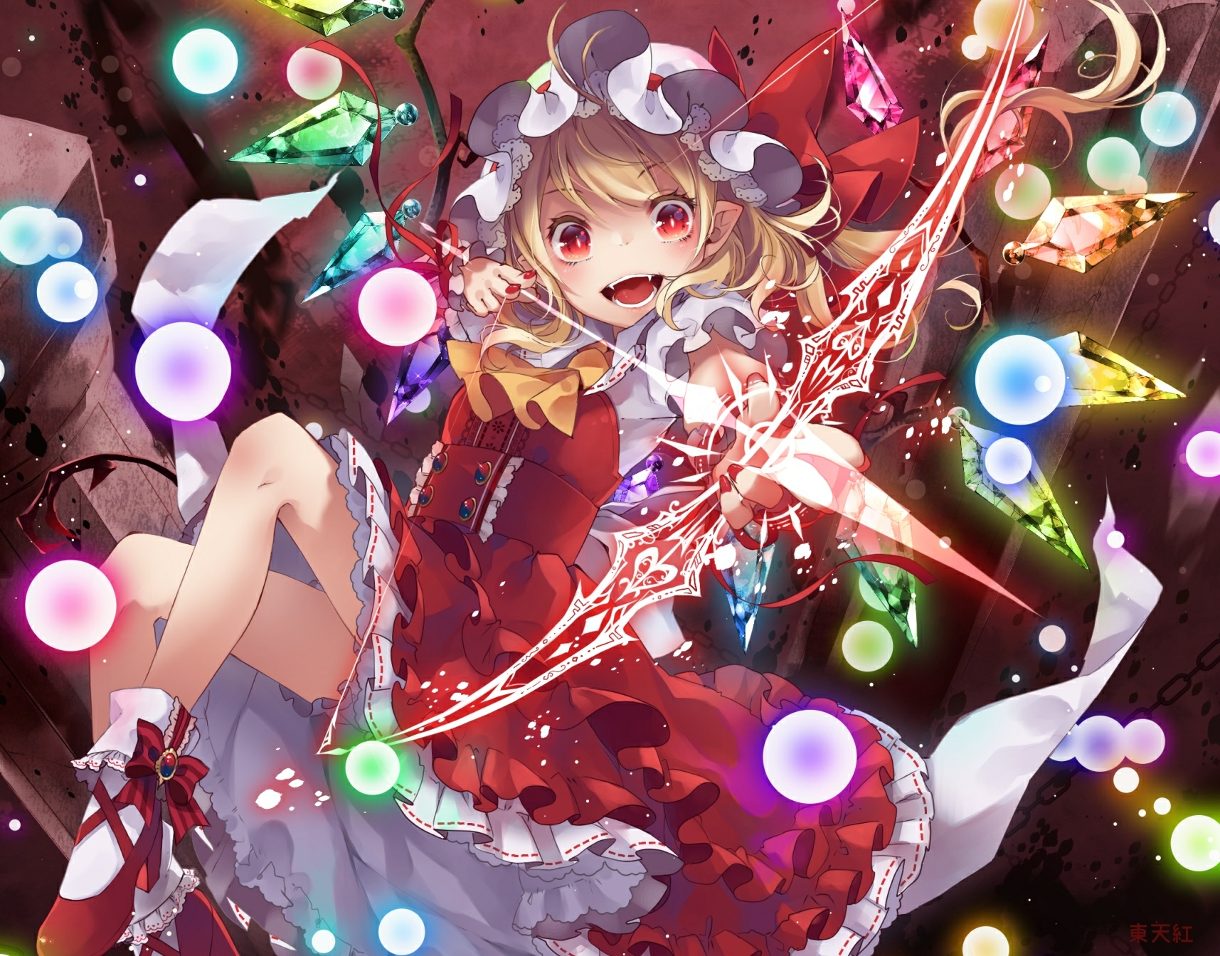 Anime 1715x1344 Touhou Flandre Scarlet anime girls bow and arrow red eyes blonde open mouth fangs
