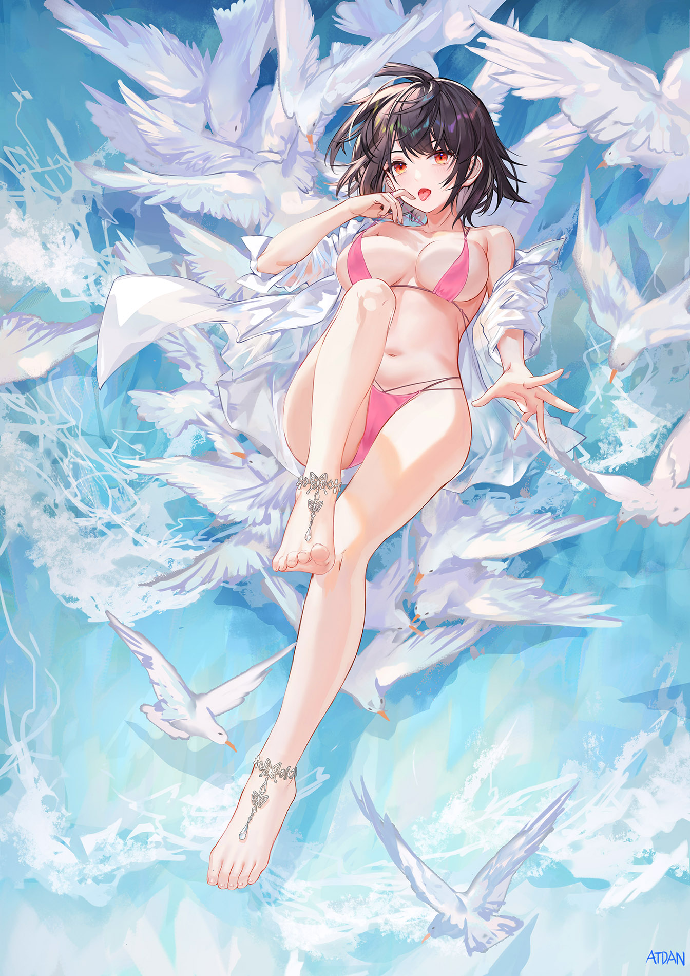 Anime 1344x1900 Atdan anime birds animals water anime girls bikini pink bikini artwork anklet feet brunette