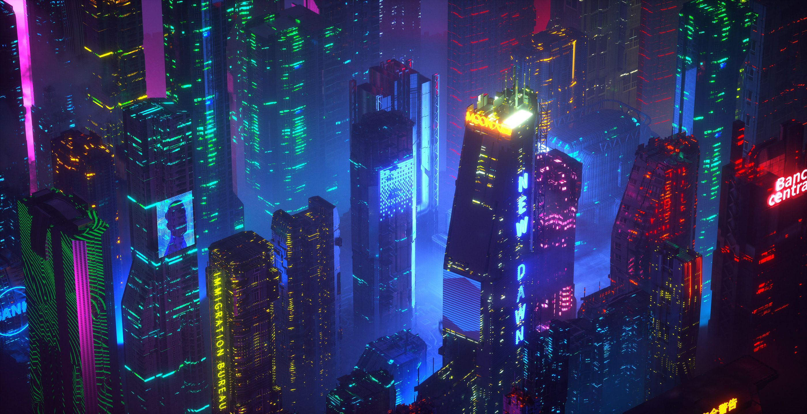 General 2800x1436 cityscape digital art neon cyberpunk building lights