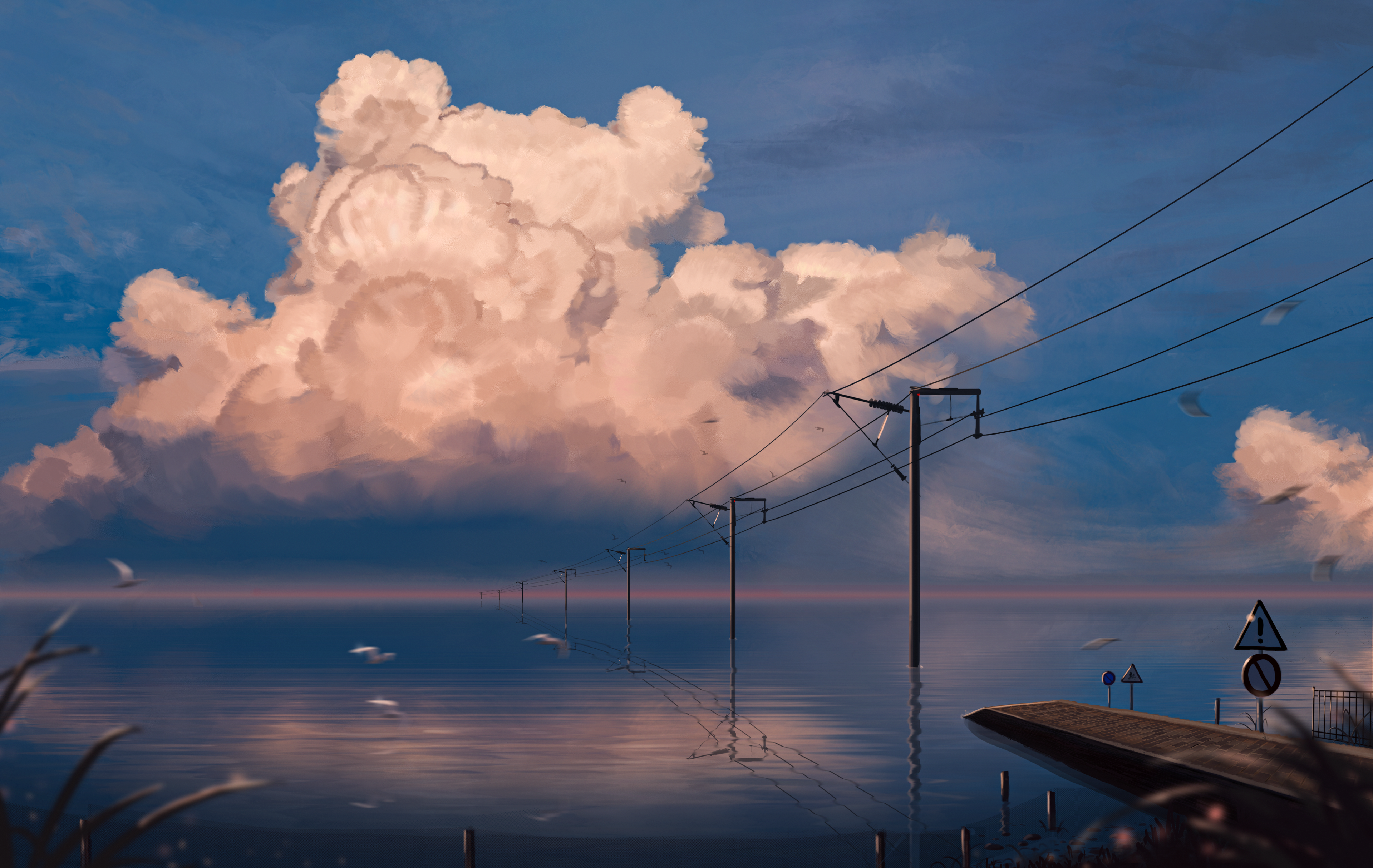Anime 3840x2429 anime clouds outdoors power lines signs water sky Yu jing digital art