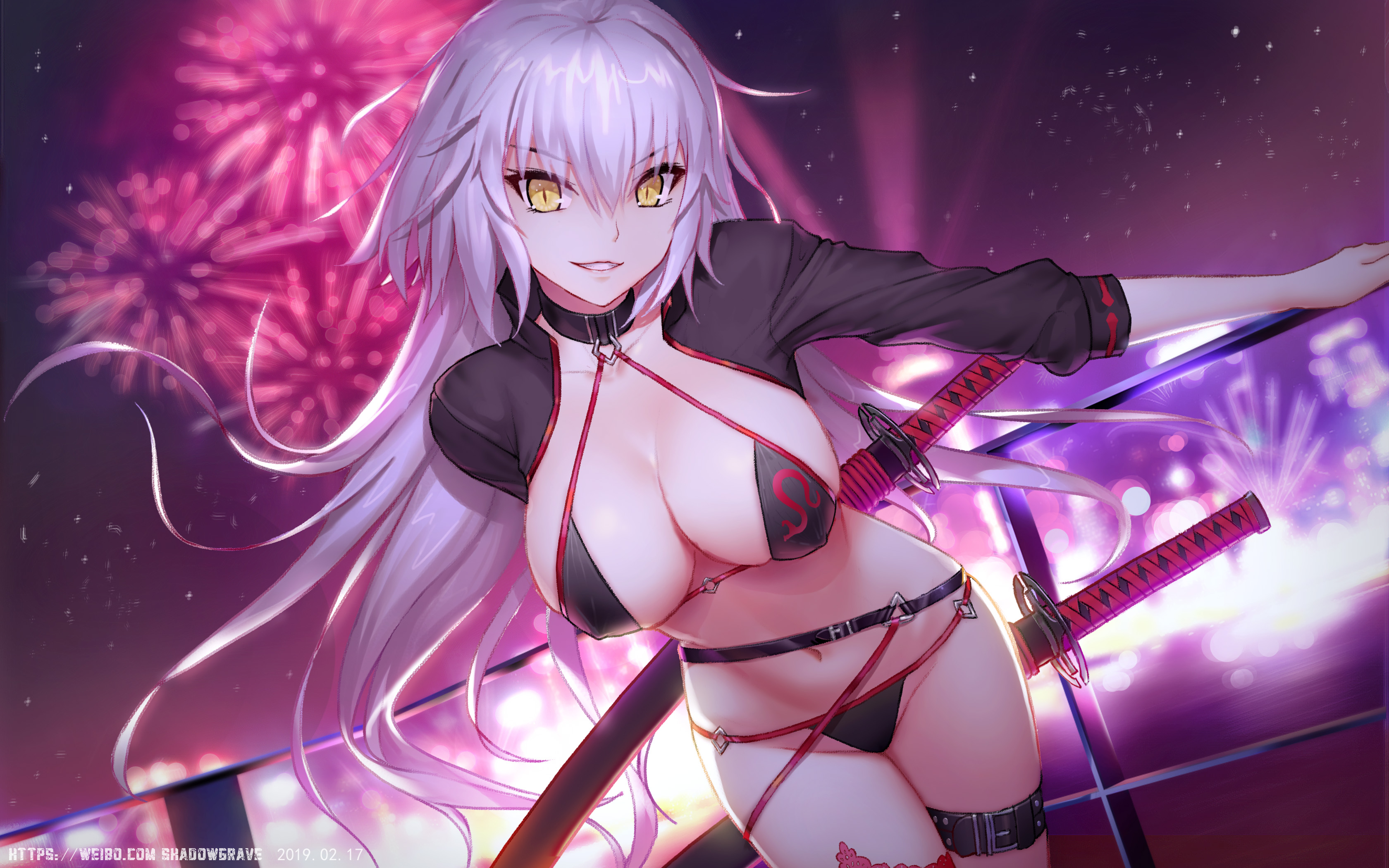 Anime 3360x2100 anime anime girls yellow eyes white hair Fate series bikini fireworks sword big boobs shadowgrave Fate/Grand Order night hair between eyes sky looking at viewer smiling katana women with swords parted lips long hair Jeanne d'Arc (Fate) skinny cleavage choker