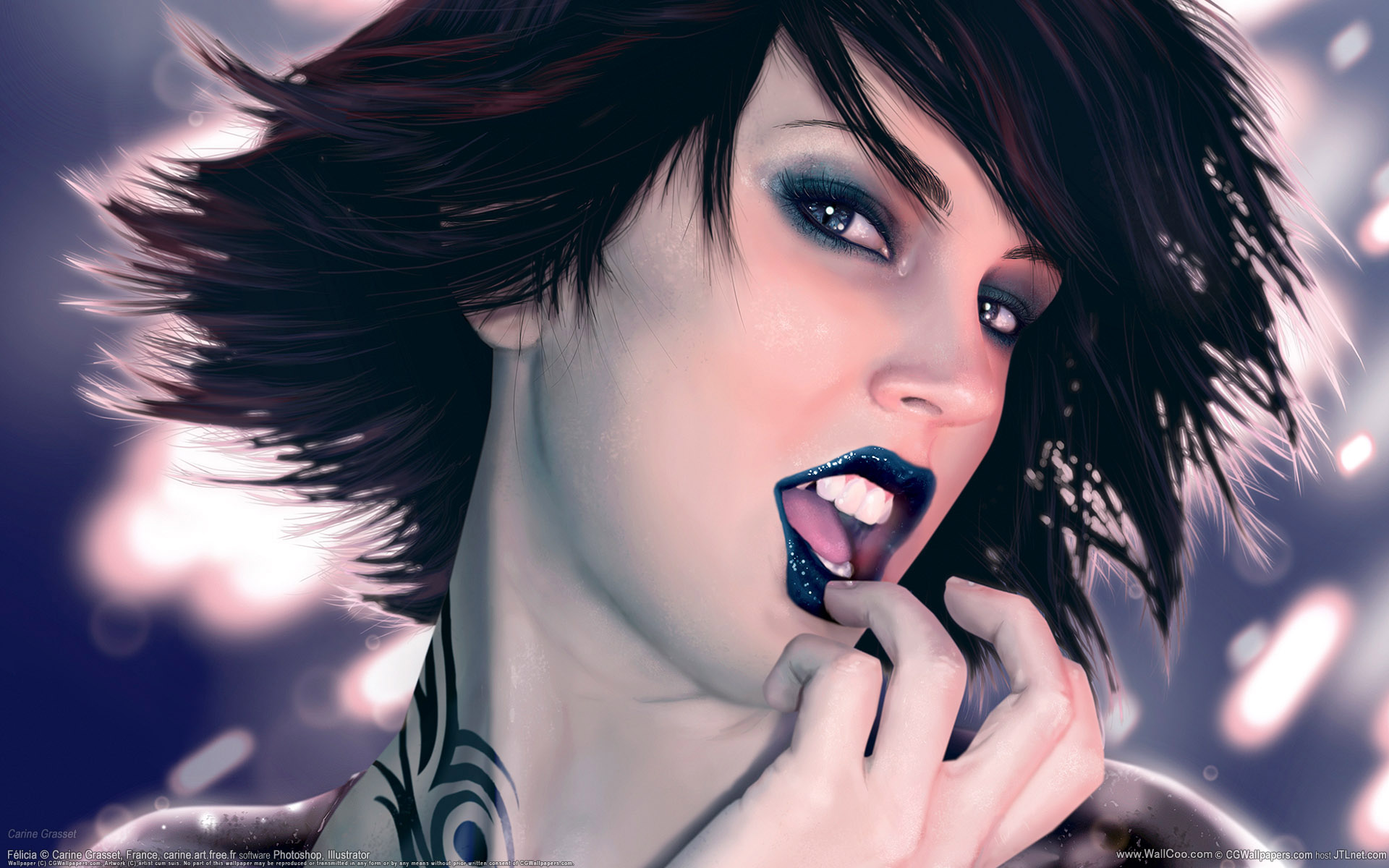 General 1920x1200 digital art black lipstick makeup CGI tattoo