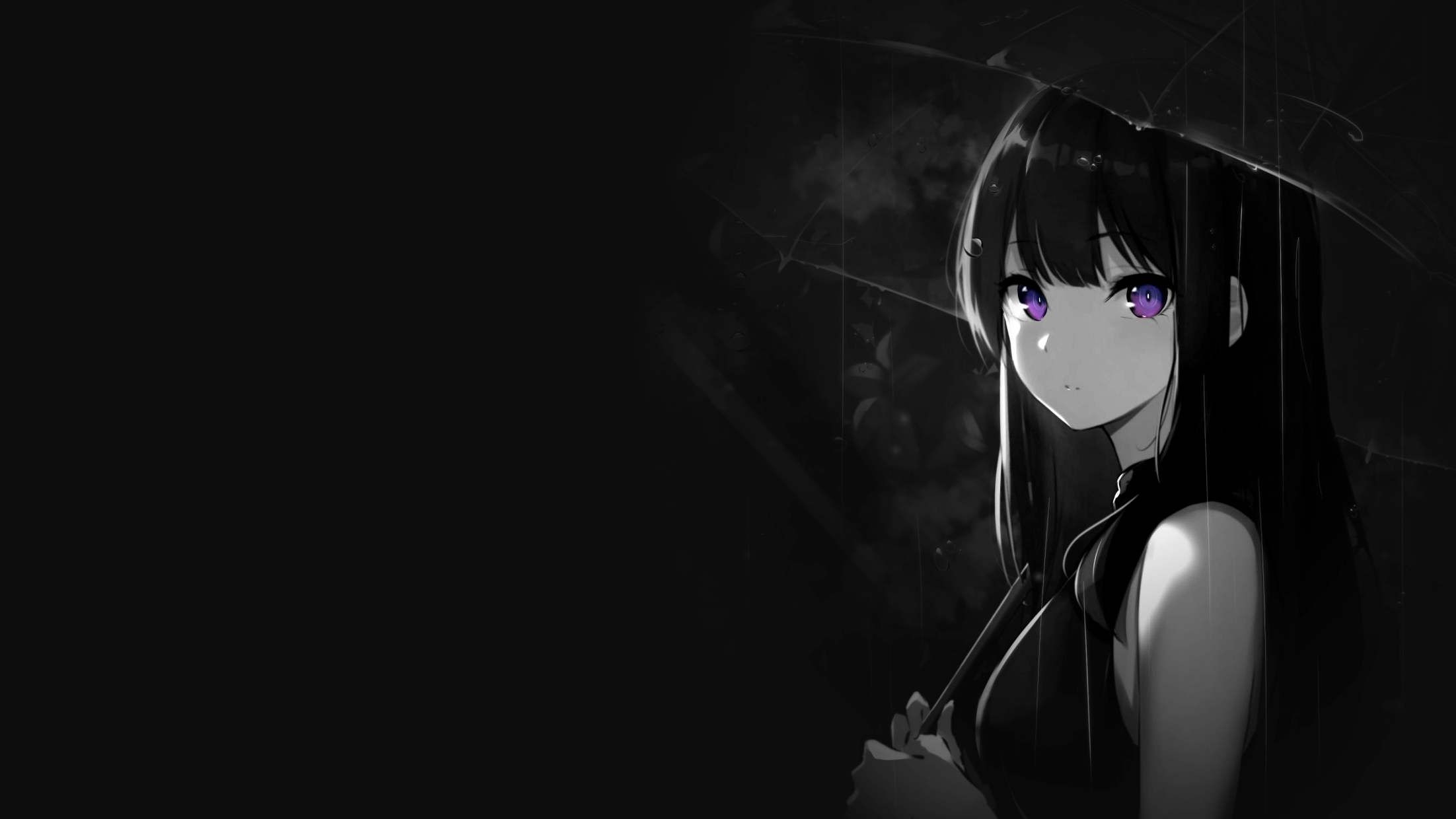 selective coloring, black background, dark background, simple background,  anime girls, umbrella, rain, purple eyes | 2204x1240 Wallpaper -  