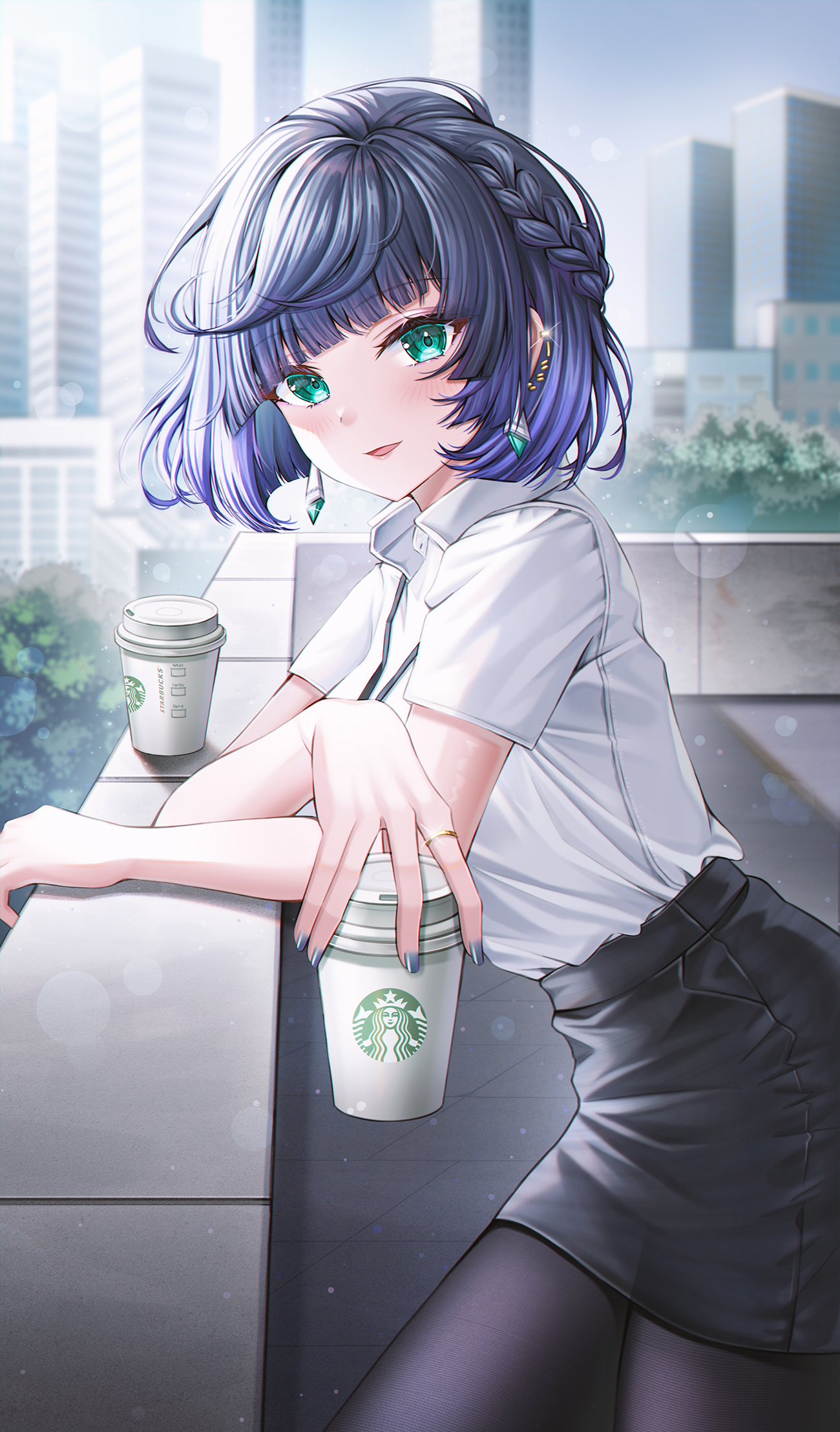 Anime 1300x2215 Genshin Impact Yelan (Genshin Impact) Starbucks coffee video game characters video game girls black pantyhose pantyhose black skirts braids