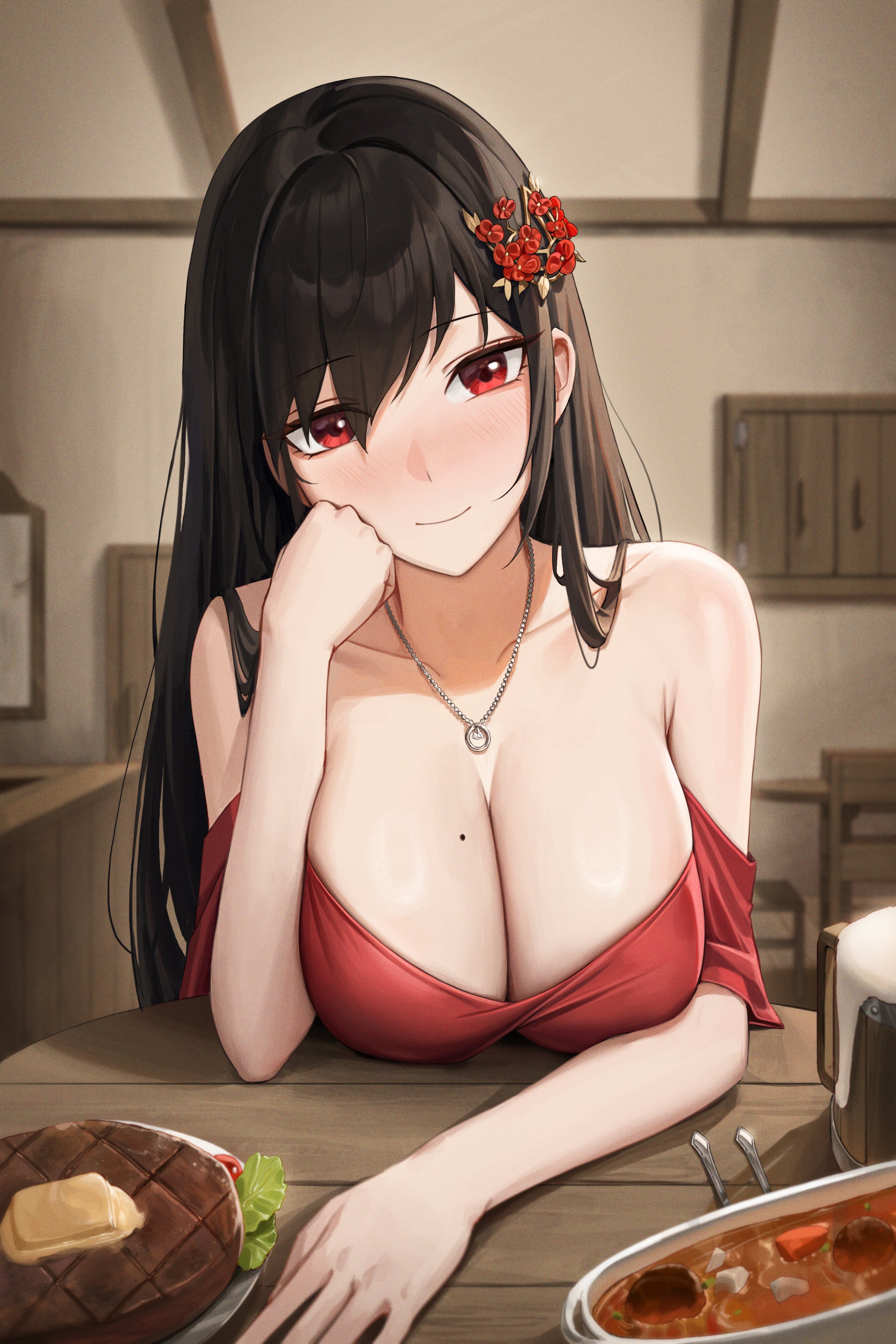 Anime 2731x4096 anime anime girls big boobs cleavage food red eyes moles brunette red dress low neckline blushing bare shoulders artwork CryTurtle