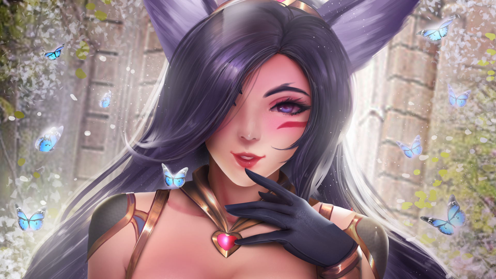 General 1920x1080 League of Legends K/DA PC gaming video game art video game girls purple eyes gloves red lipstick looking at viewer fantasy art fantasy girl butterfly