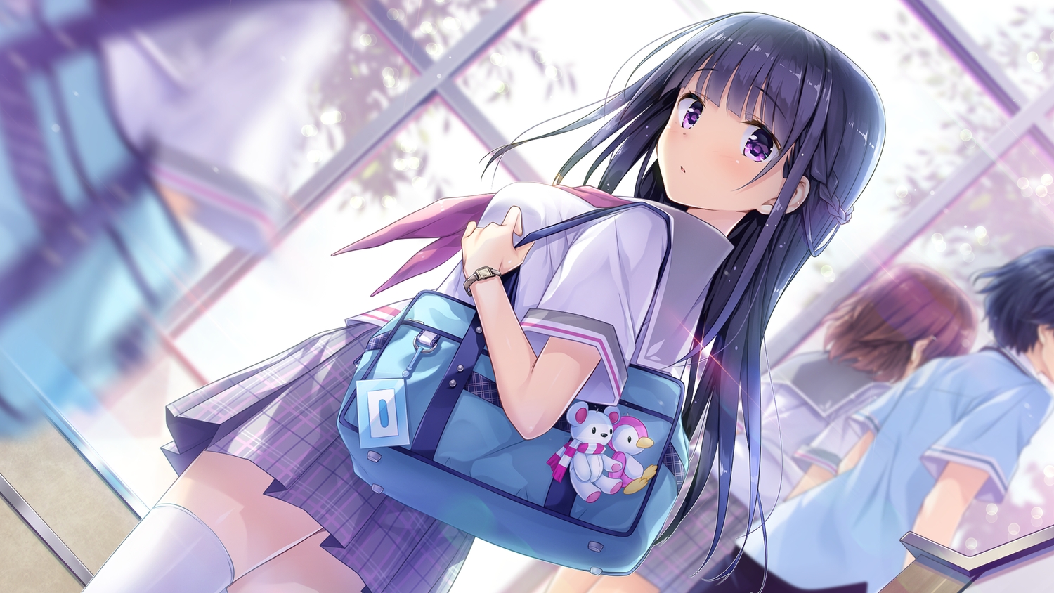 Anime 1500x844 anime girls Kimishima Ao bangs purple eyes dark hair school uniform thigh-highs