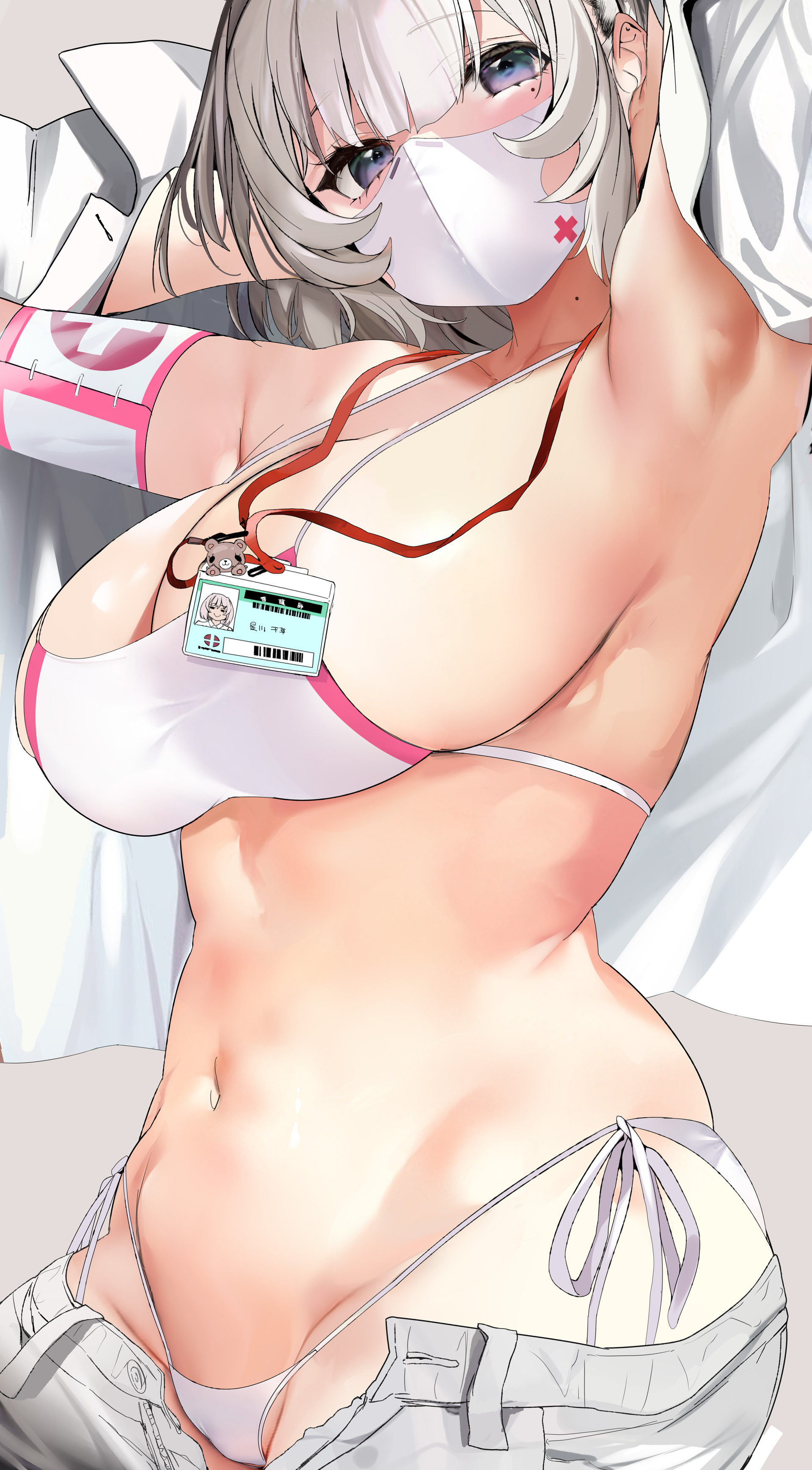 Anime 1919x3473 anime anime girls Marushin silver hair mask nurse outfit bikini sideboob big boobs armpits belly