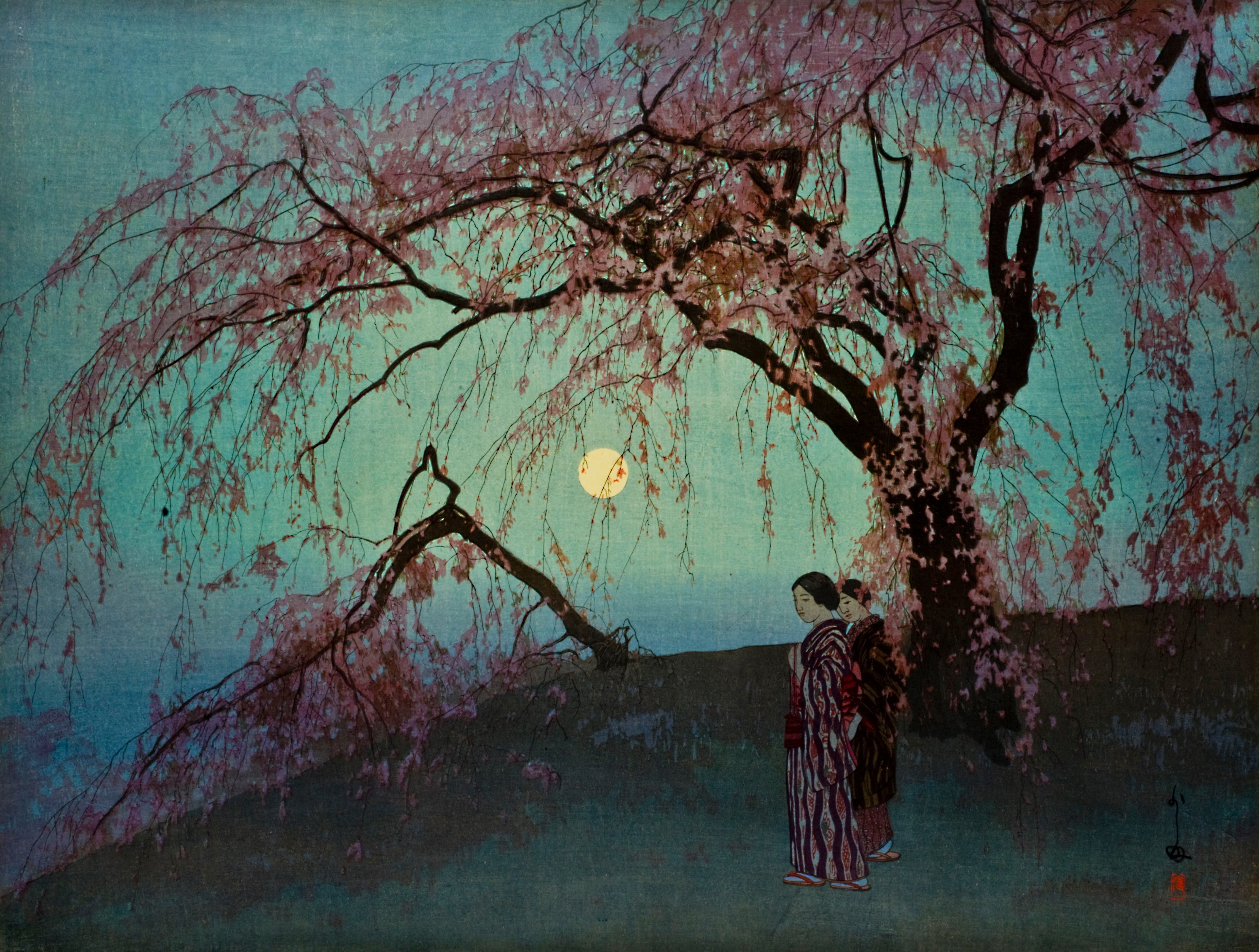 General 4732x3580 Yoshida Hiroshi Japanese Art painting moonlight trees artwork women Japanese clothes water Ukiyo-e cherry blossom