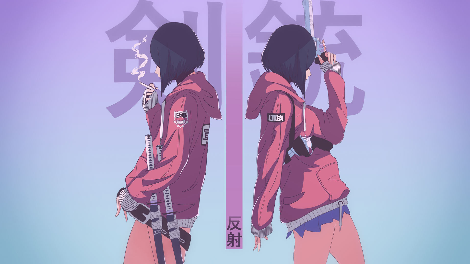 Anime 1920x1080 anime anime girls illustration fan art minimalism texture katana revolver Japanese Art logo futuristic smoke