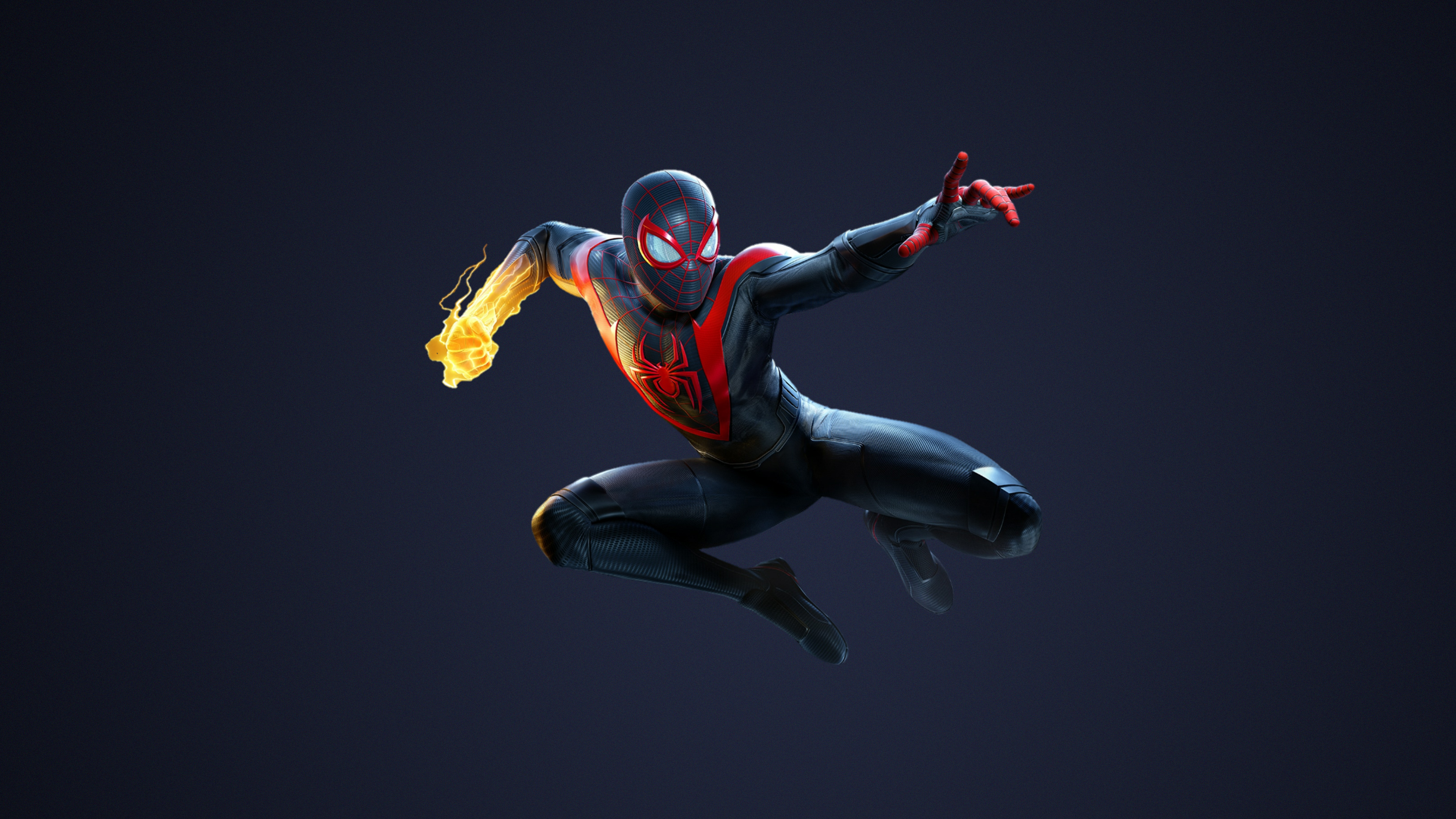 General 3840x2160 Spider-Man Miles Morales Marvel Comics digital art video games bodysuit simple background fist superhero bent legs
