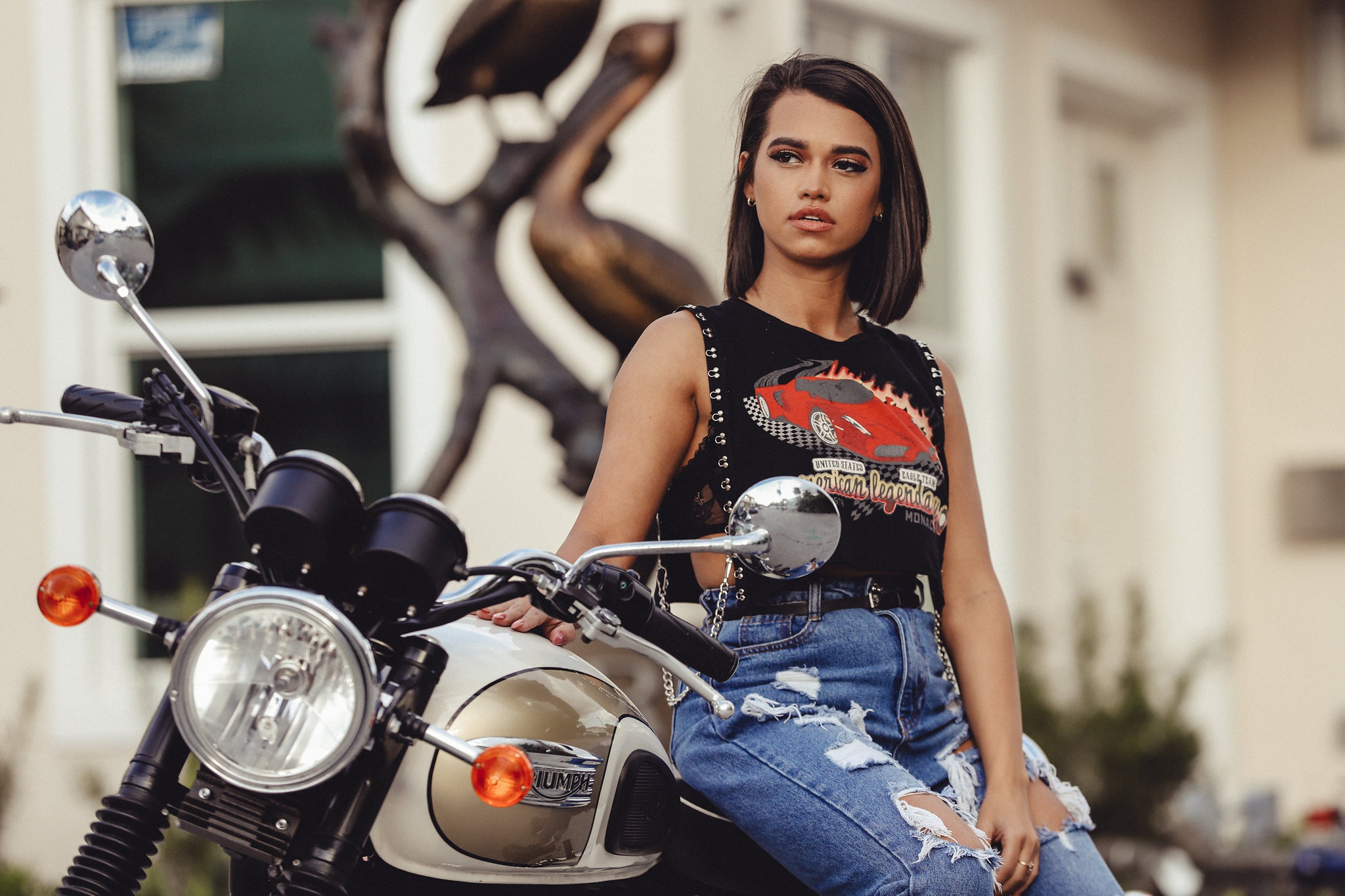 People 2048x1365 women model motorcycle women with motorcycles women outdoors outdoors dark hair urban torn jeans torn clothes brunette