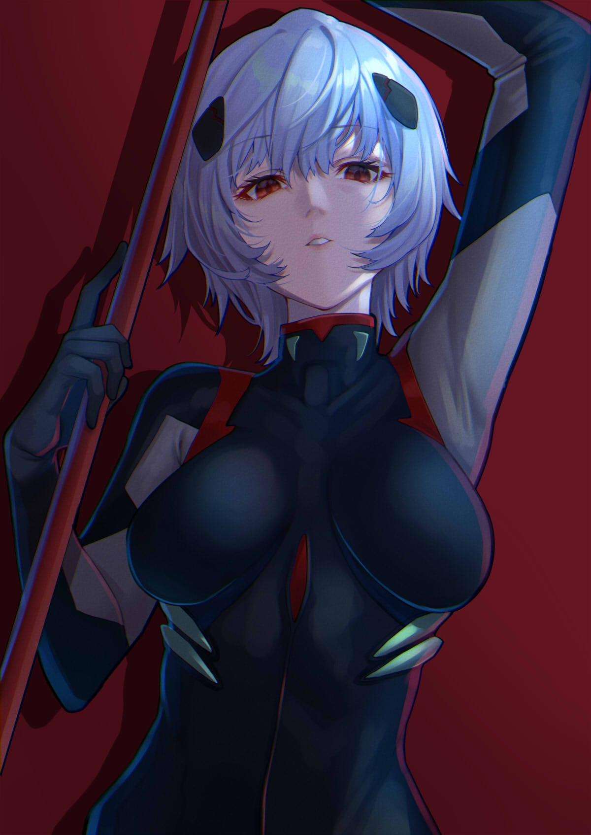 Anime 1200x1694 anime anime girls Neon Genesis Evangelion portrait display Ayanami Rei Mikan big boobs bangs lying on back 2D Spear of Longinus wide breasts curvy red eyes parted lips looking at viewer simple background blue hair long hair plugsuit red background no bra fan art ecchi