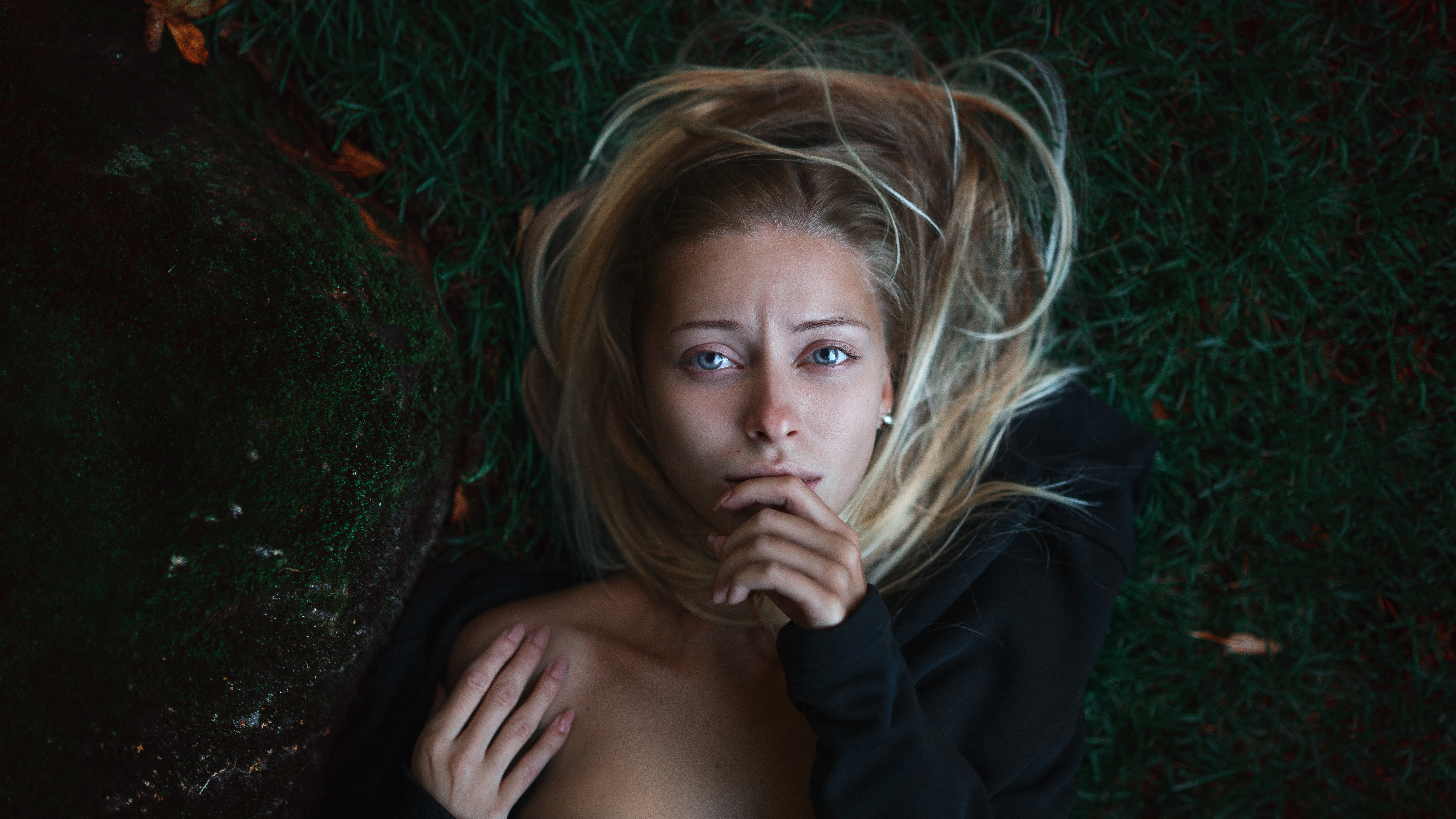 People 8826x4965 women model top view face finger on lips grass blue eyes painted nails Maxim Gustarev blonde looking at viewer closeup