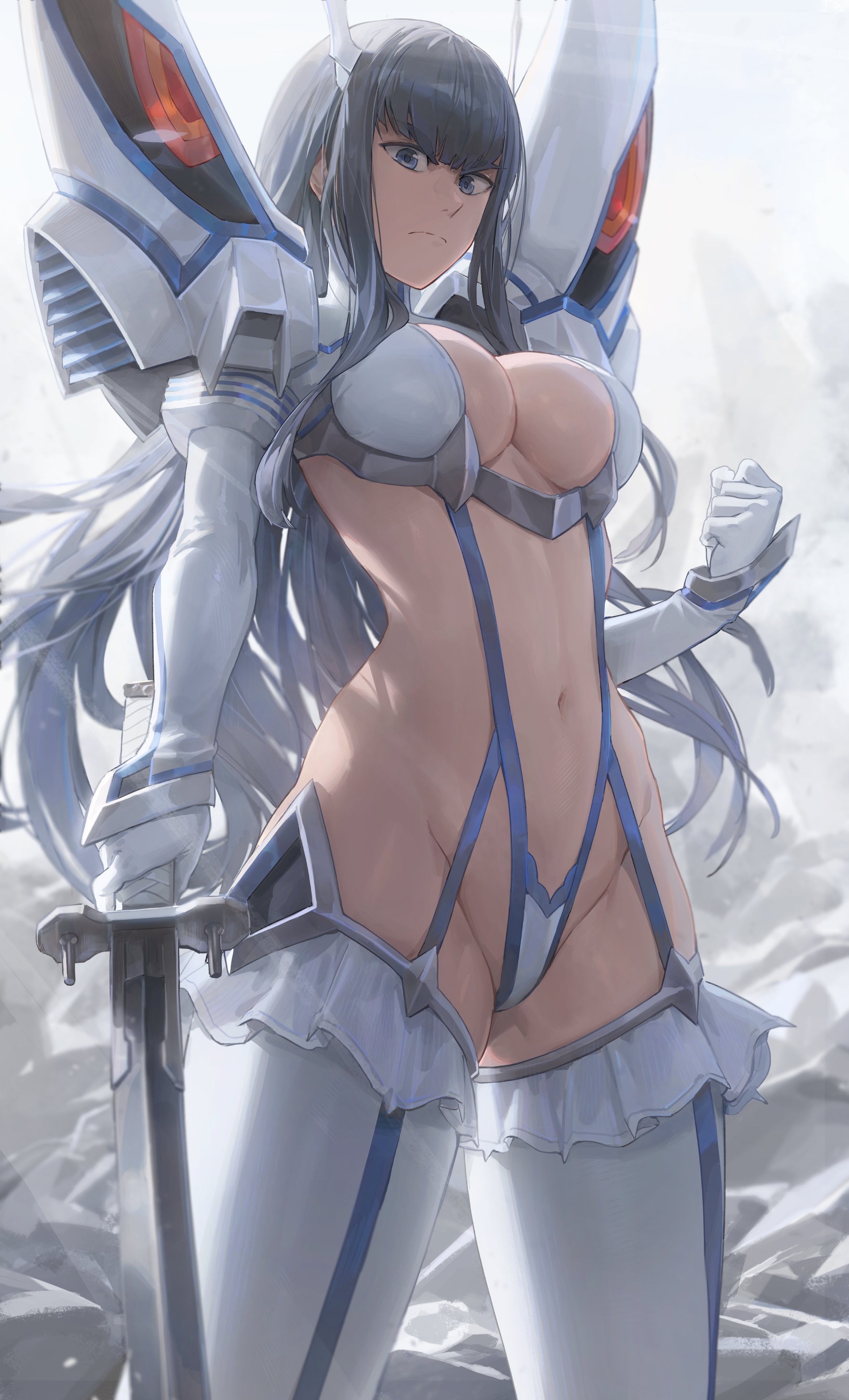 Anime 2483x4096 Kill la Kill female warrior fantasy armor katana women with swords big boobs underboob cameltoe cleavage erotic art  thigh high boots white boots blue eyes hime cut zettai ryouiki looking at viewer no bra suspenders thighs Kiryuin Satsuki Junketsu anime girls long hair black hair portrait display anime thick eyebrows low-angle elbow gloves belly fan art winter backlighting sword skimpy clothes artwork belly button Yohan1754 2D